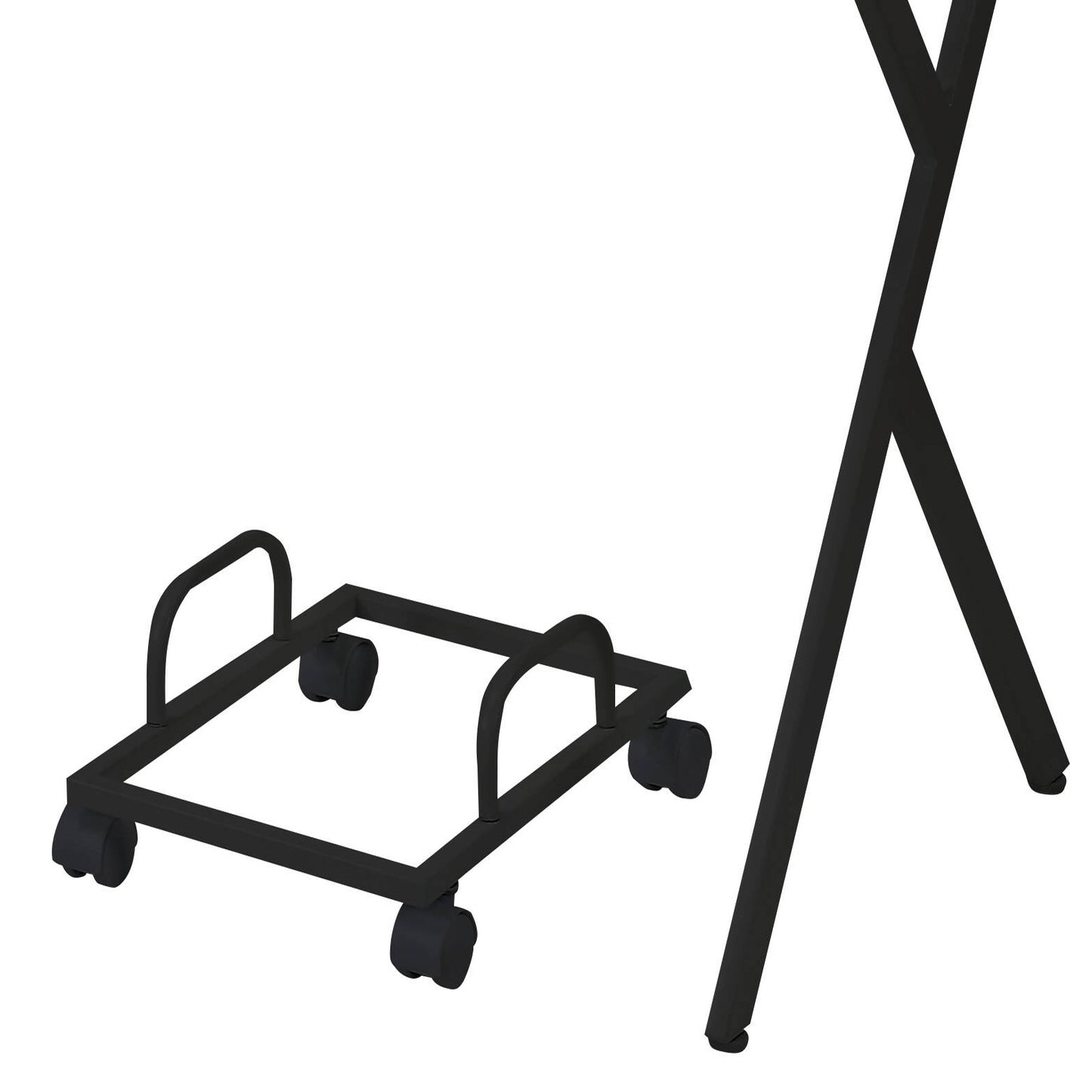 Black metal computer tower stand with wheels and handles for easy mobility