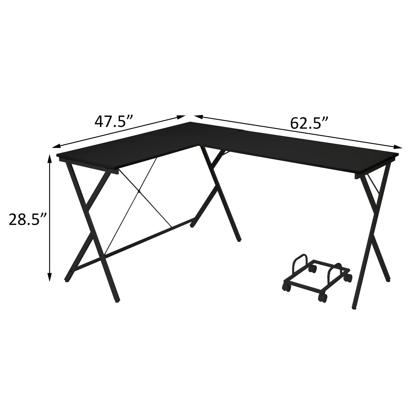Black Lshaped desk with metal legs and dimensions labeled