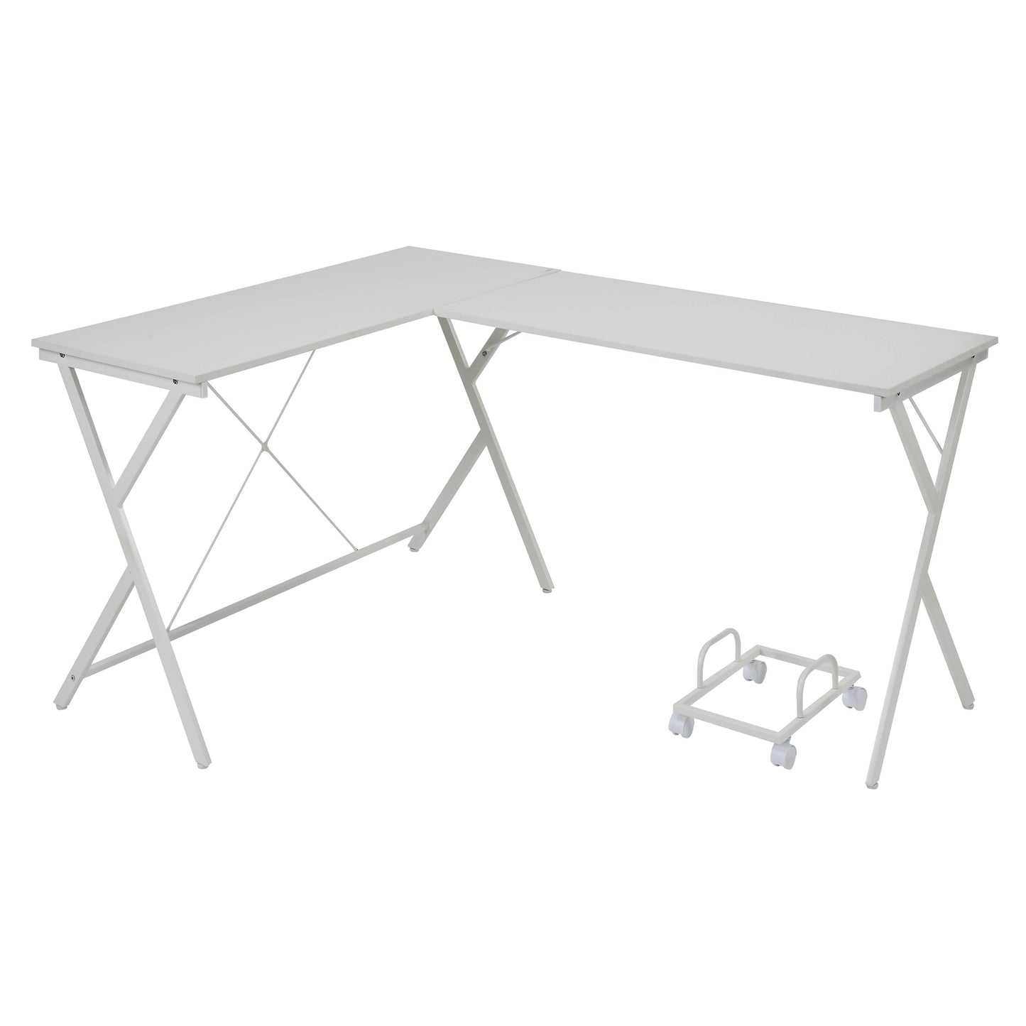 White Lshaped computer desk with a modern metal frame and separate rolling CPU stand