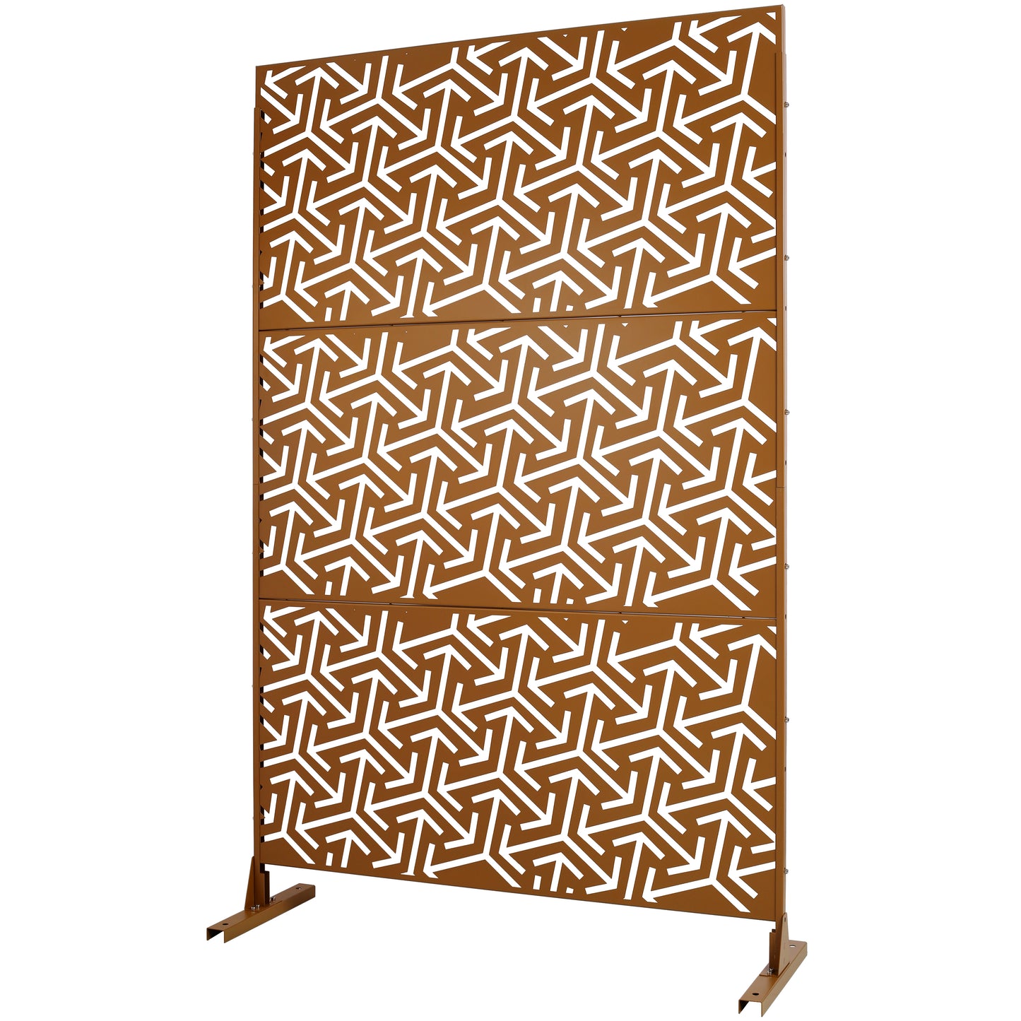 Copper garden screen with geometric white cutout pattern and stand