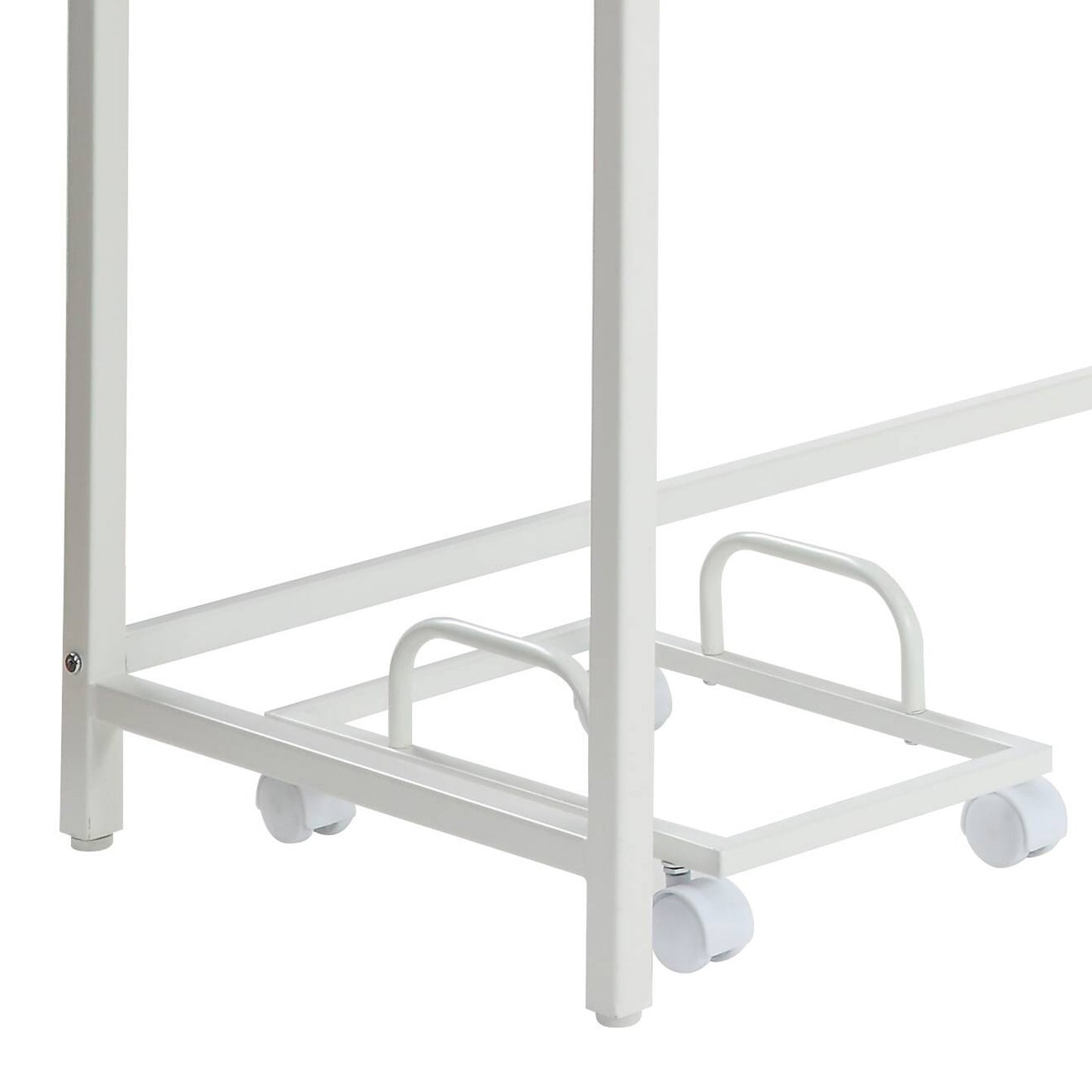 White metal garment rack base with four wheels and supportive bars