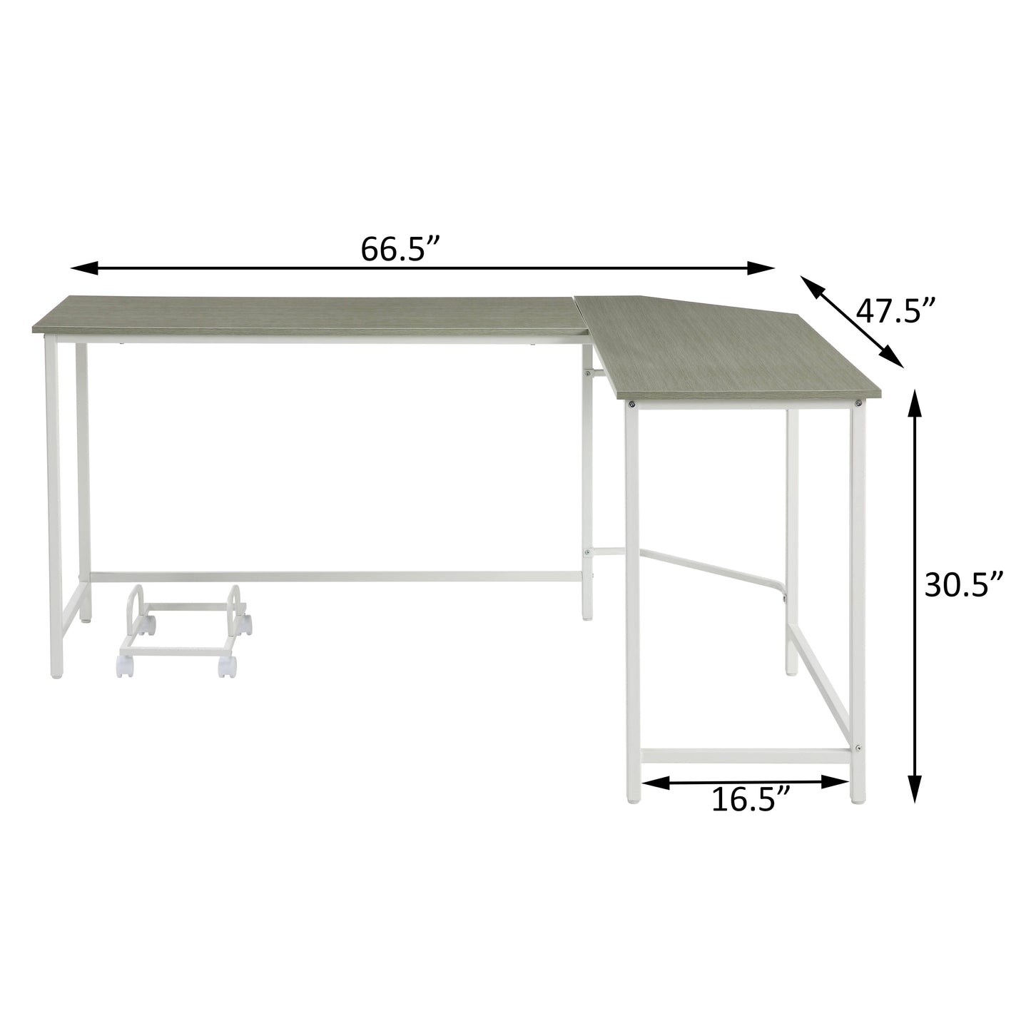 Lshaped grey wood desk with white metal frame and optional rolling CPU stand