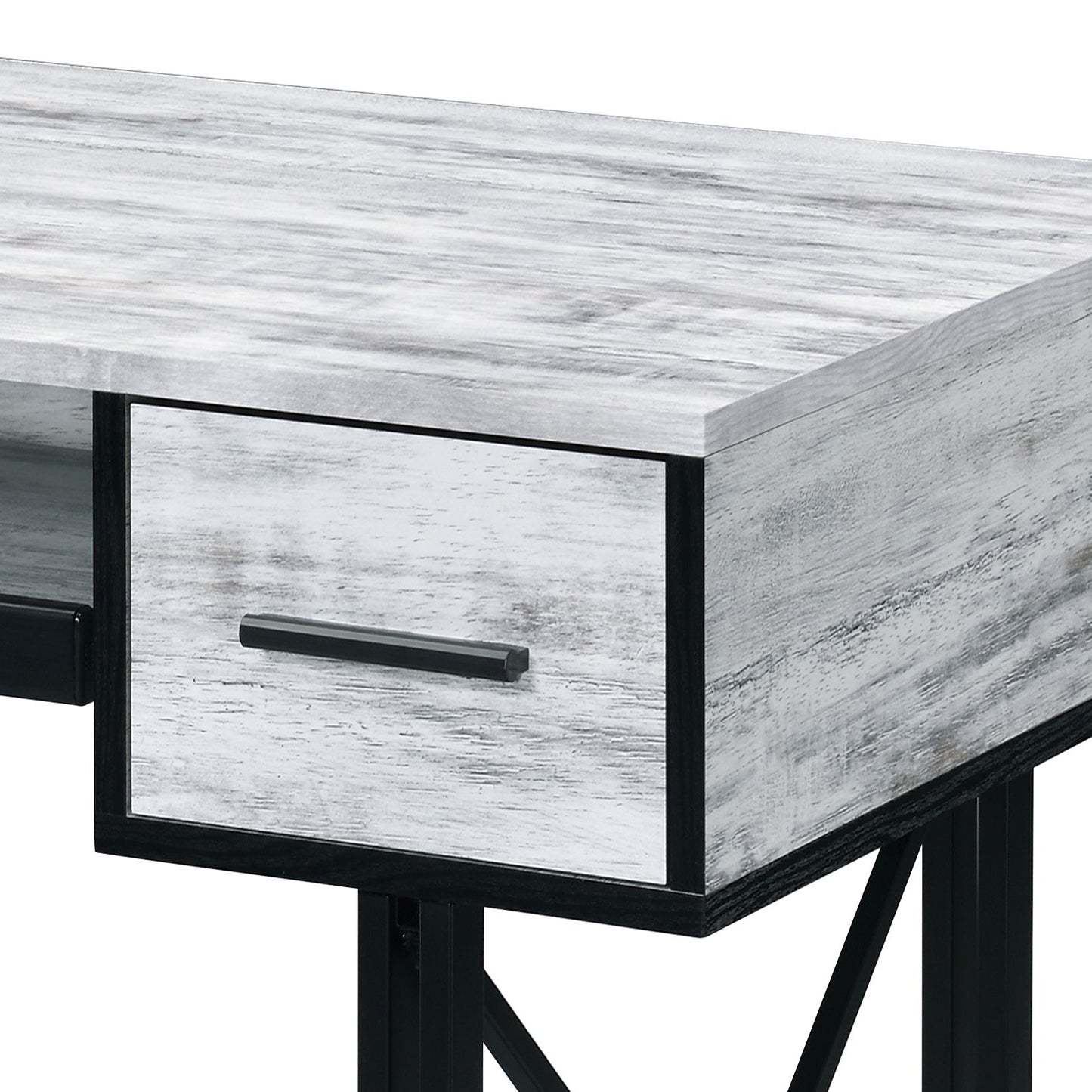 Whitewashed wood grain desk with black drawer pull and metal frame