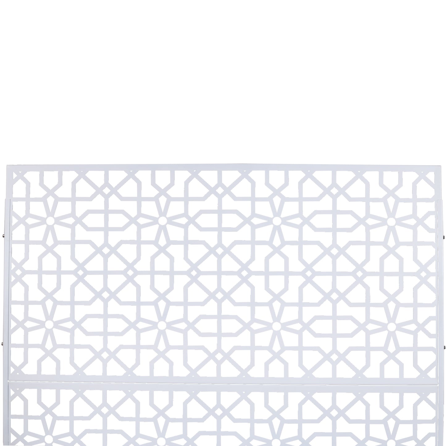 White decorative metal screen with intricate geometric pattern for garden fences