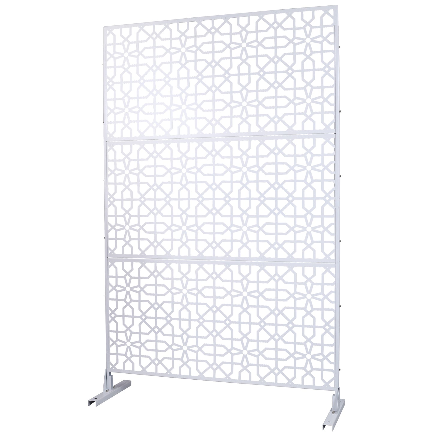 White metal decorative screen with geometric lattice pattern and stable base