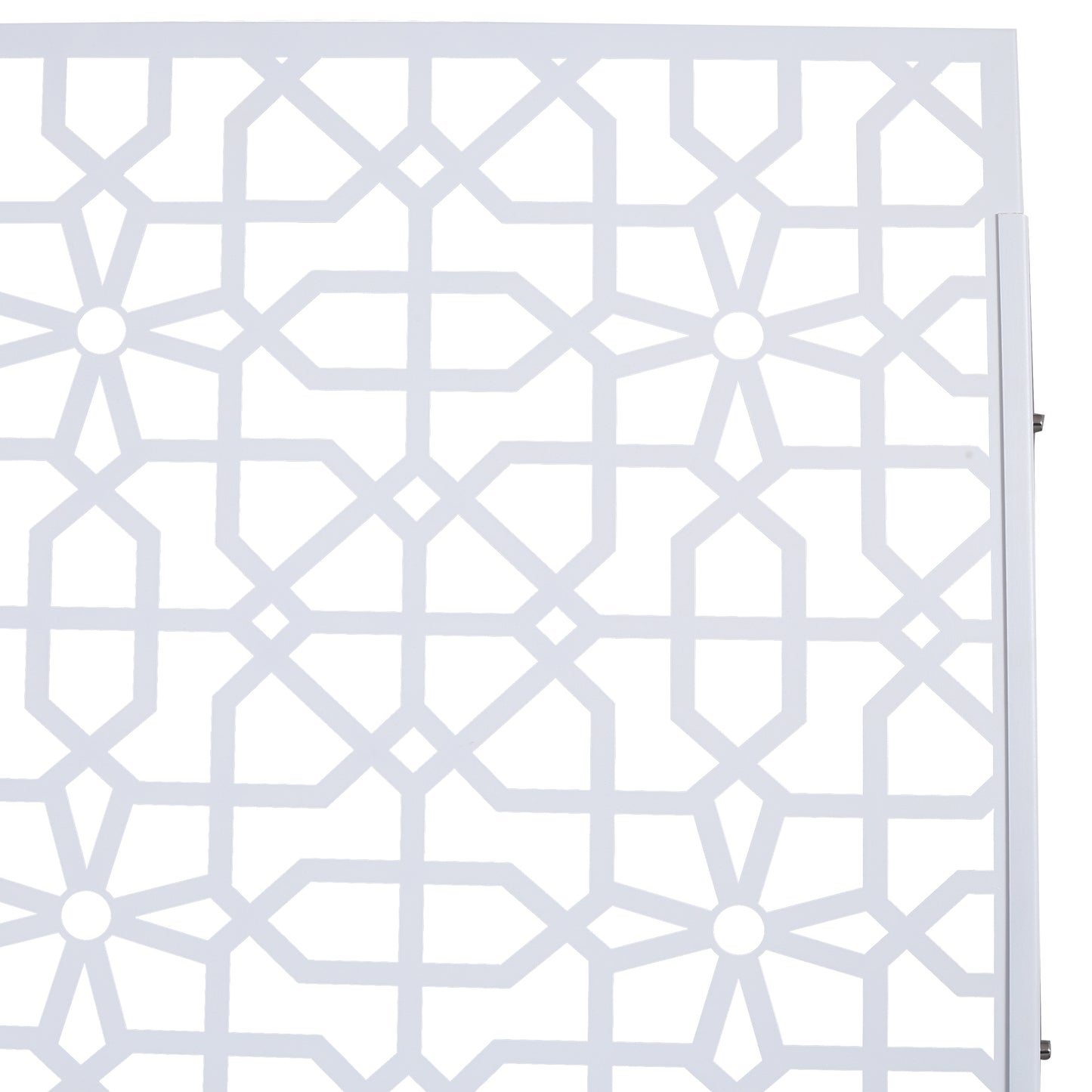White geometric metal privacy screen panel with an interlocking star pattern for outdoor decor