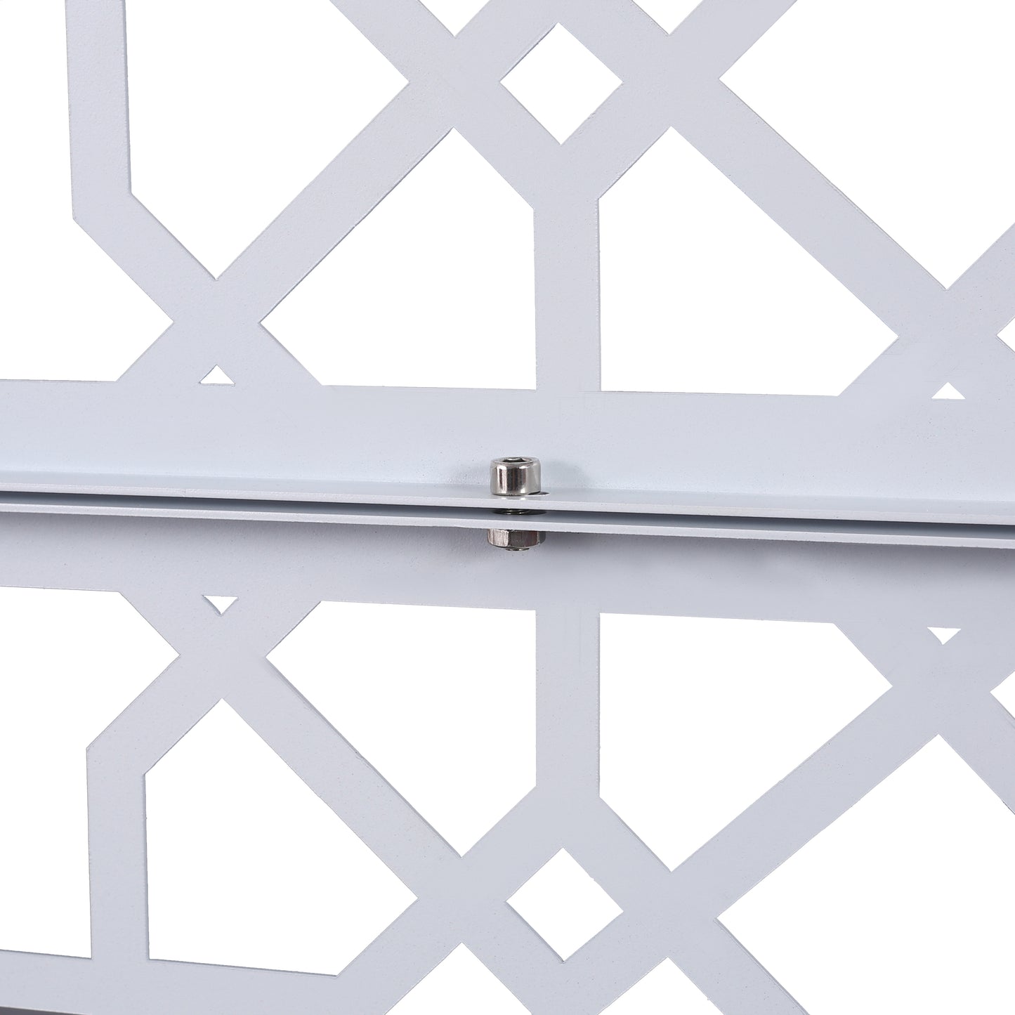 White metal treillage panel with a geometric diamond pattern and visible screw fastening