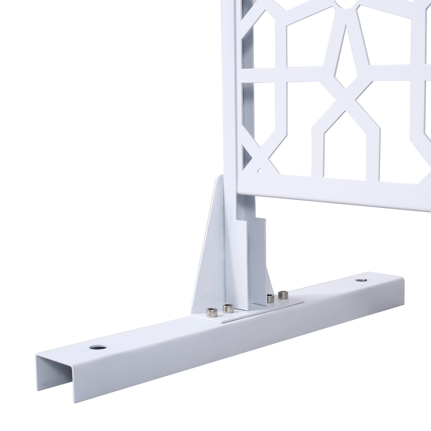 White metal decorative fence panel bracket with geometric pattern and base