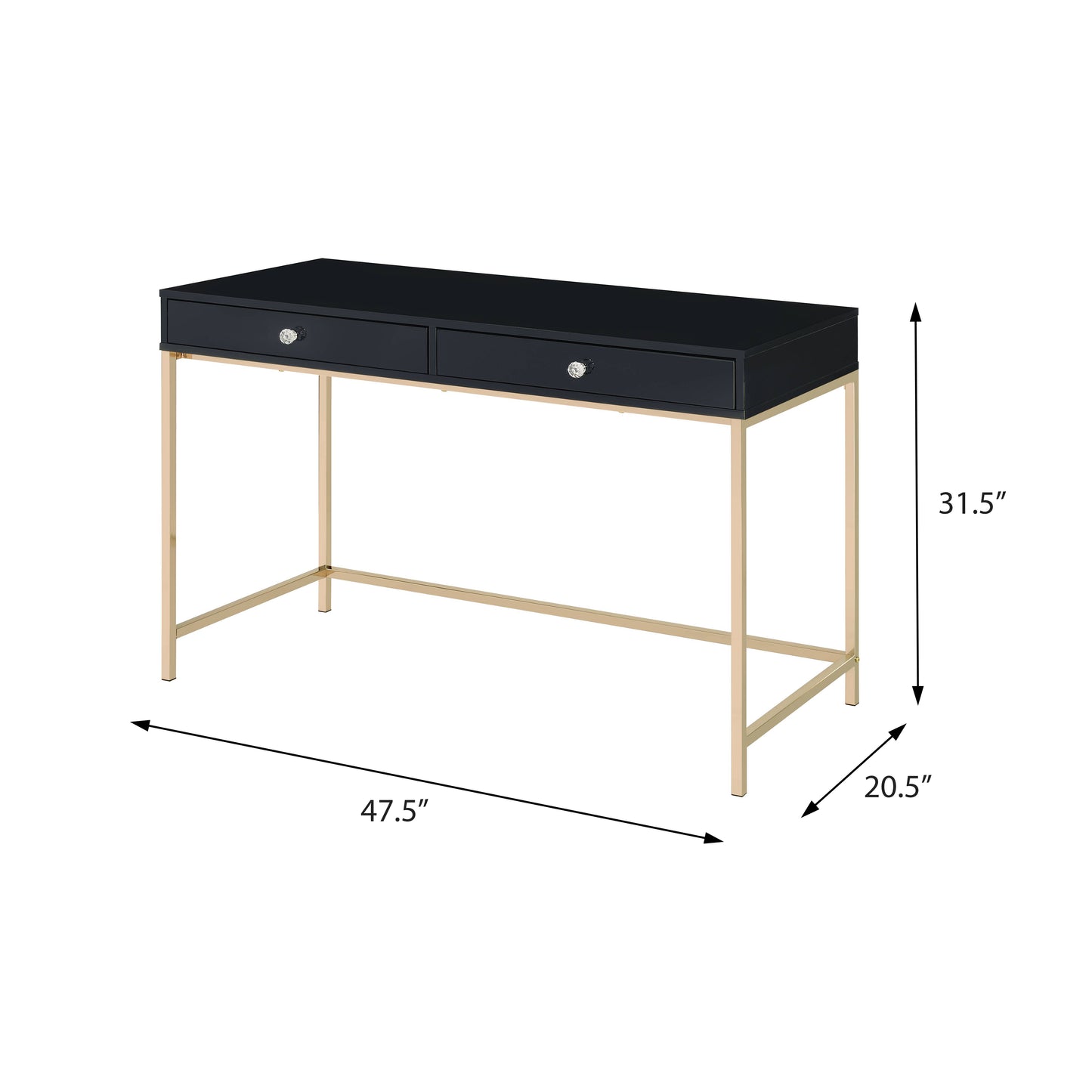 Sleek black writing desk with two crystal knob drawers and gold metal legs perfect for a modern home office