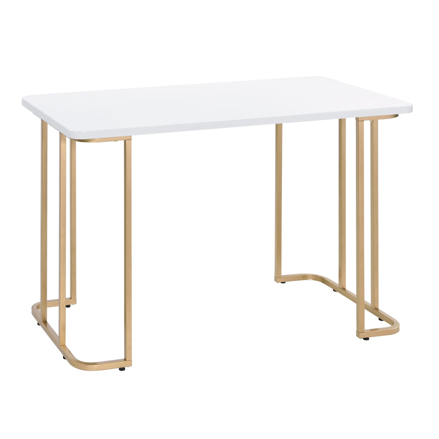 White rectangular desk with gold metal legs and a modern design