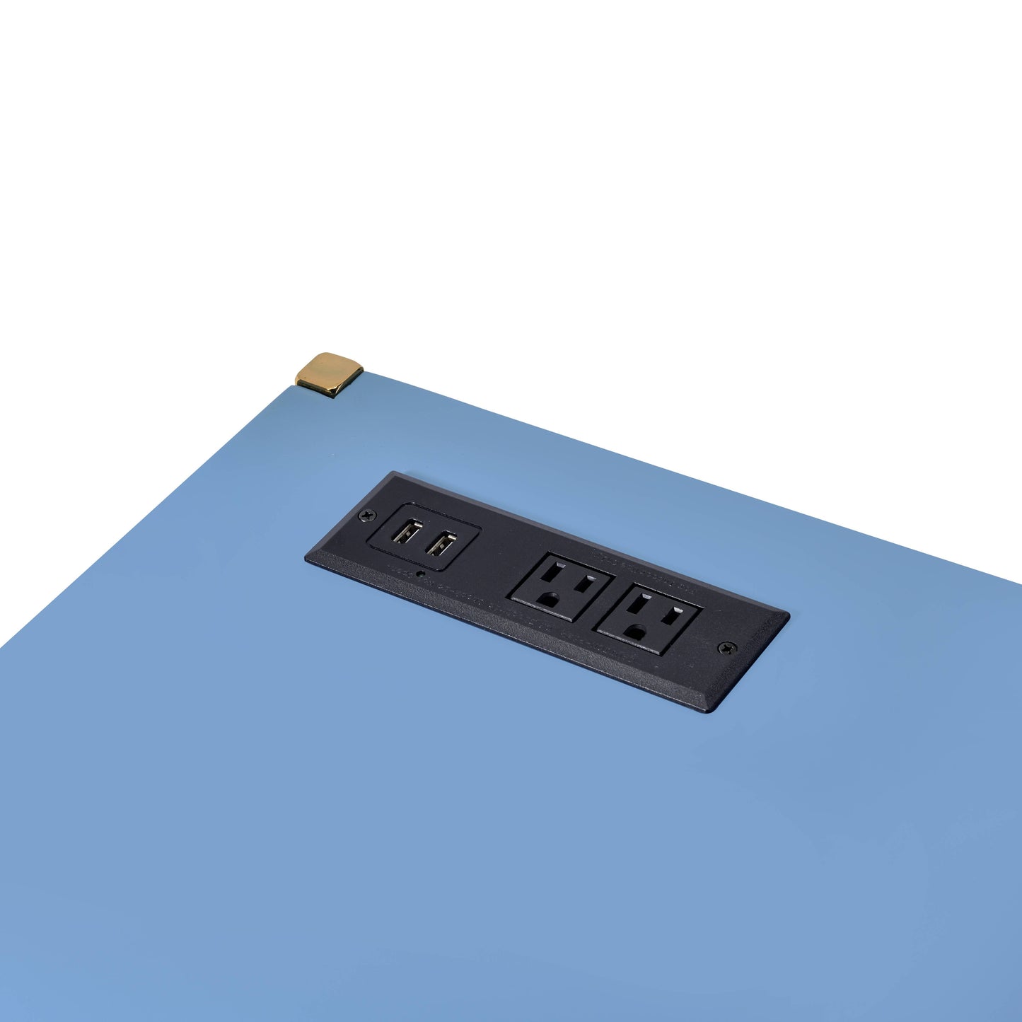 Blue desk with integrated power hub featuring two USB ports and two AC outlets