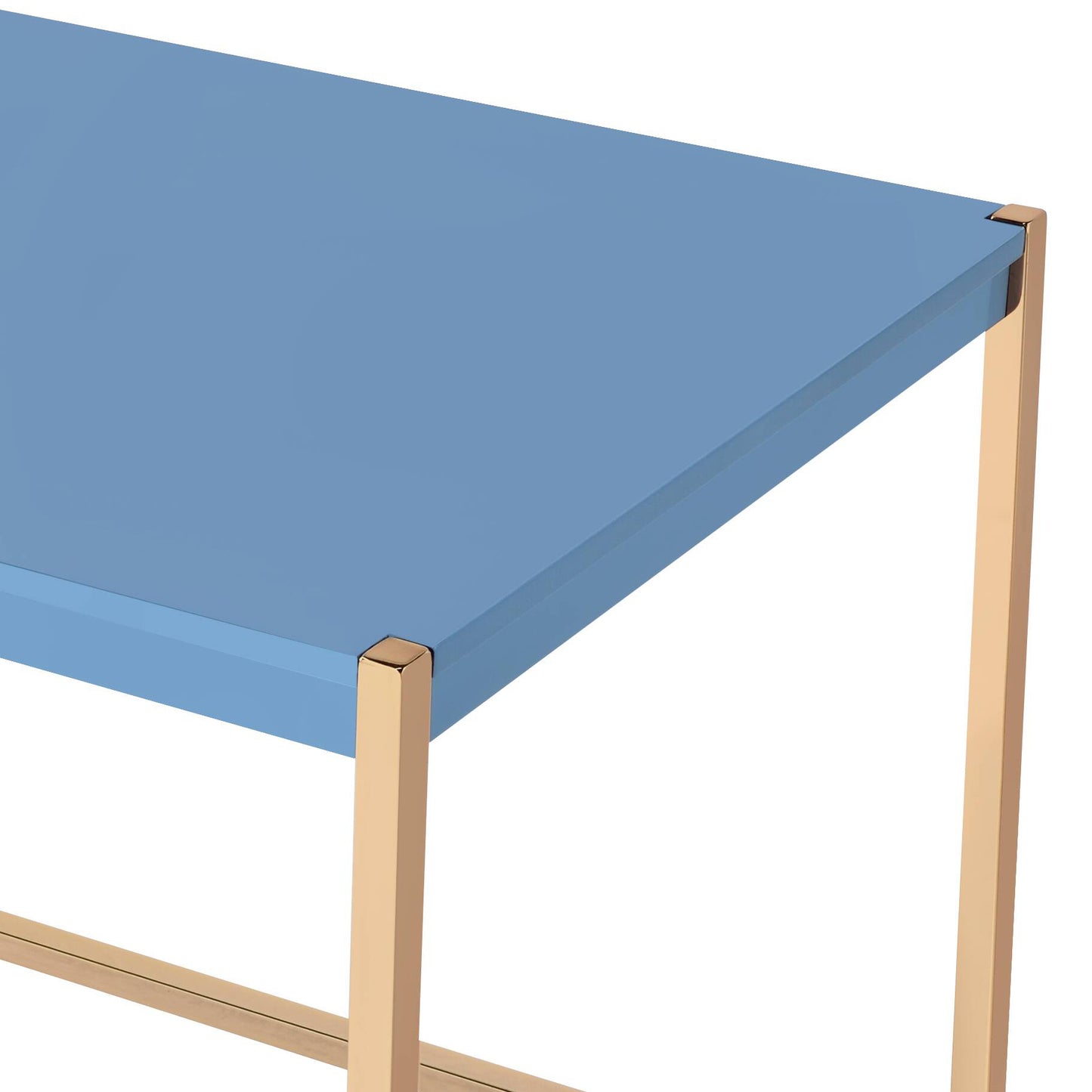 Blue console table with gold metal legs and a polished finish