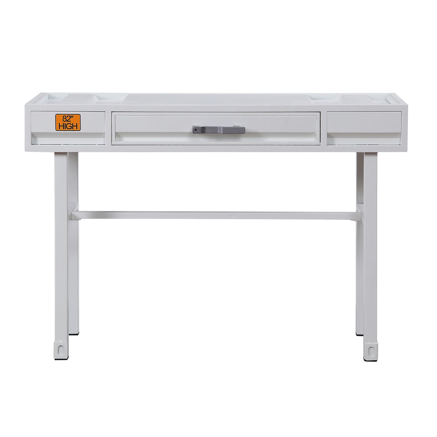 White metal desk with a central drawer and open compartments for storage