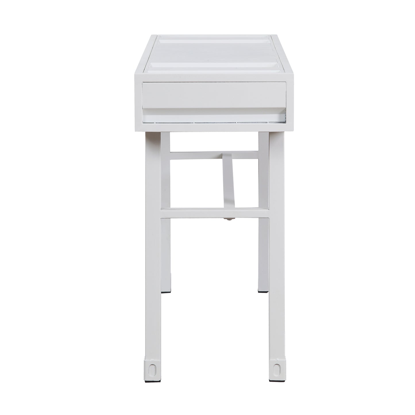 Minimalist white console table with single drawer and sleek metal frame