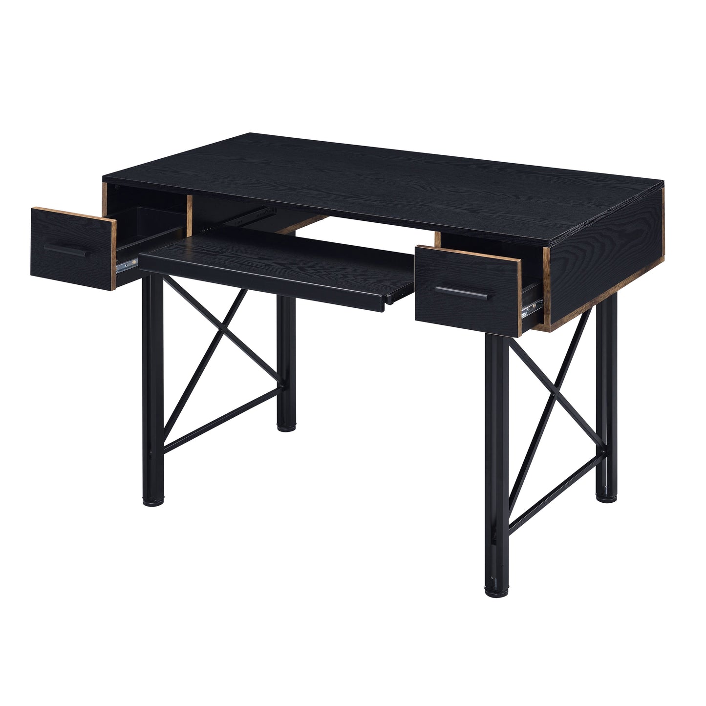 Black wood grain writing desk with two drawers and a pullout keyboard tray