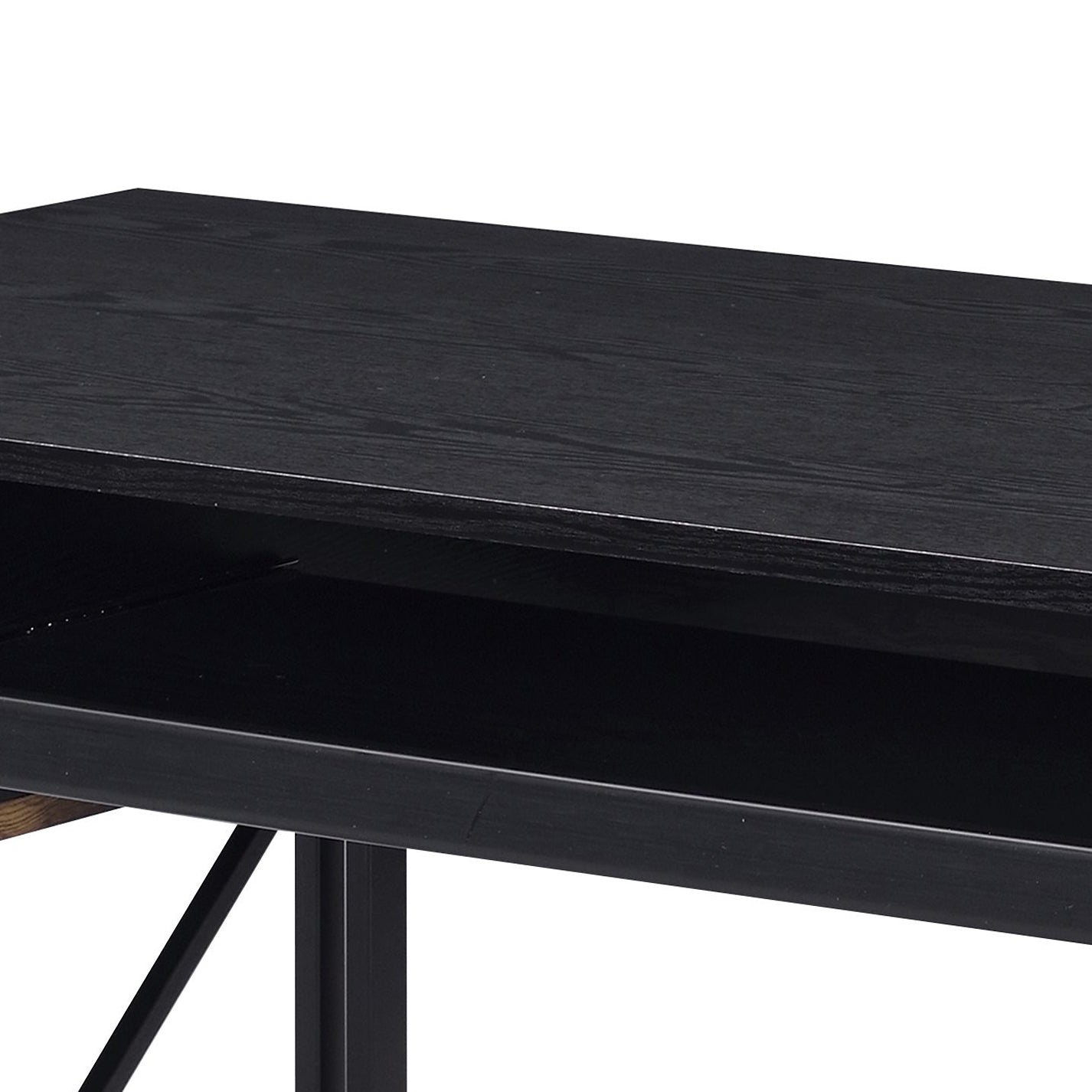 Black wood grain desktop on metal frame desk showcasing modern industrial design