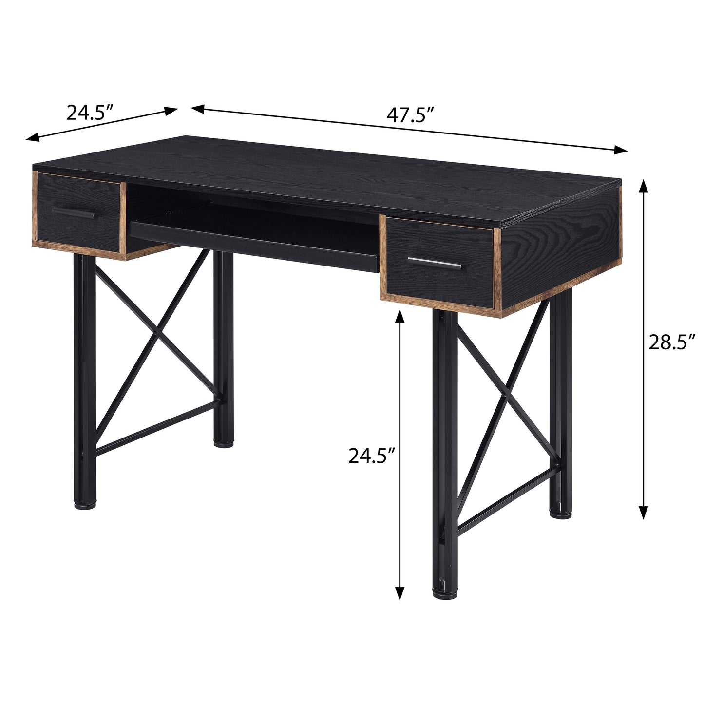 Black oak veneer desk with two drawers and metal legs inches wide