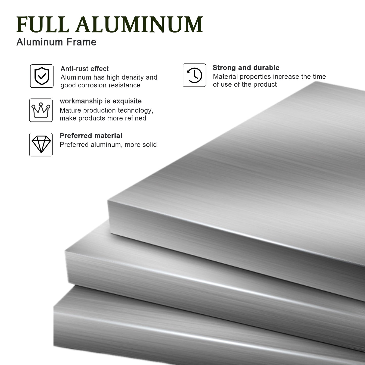 Stacked brushed aluminum sheets showing a full aluminum frames strength and durability
