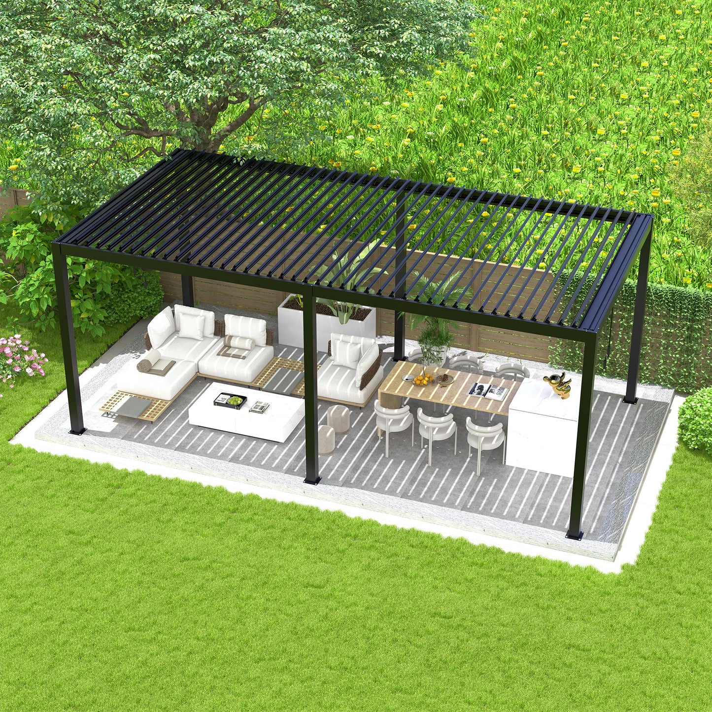 Modern black louvered pergola covering a patio with outdoor furniture