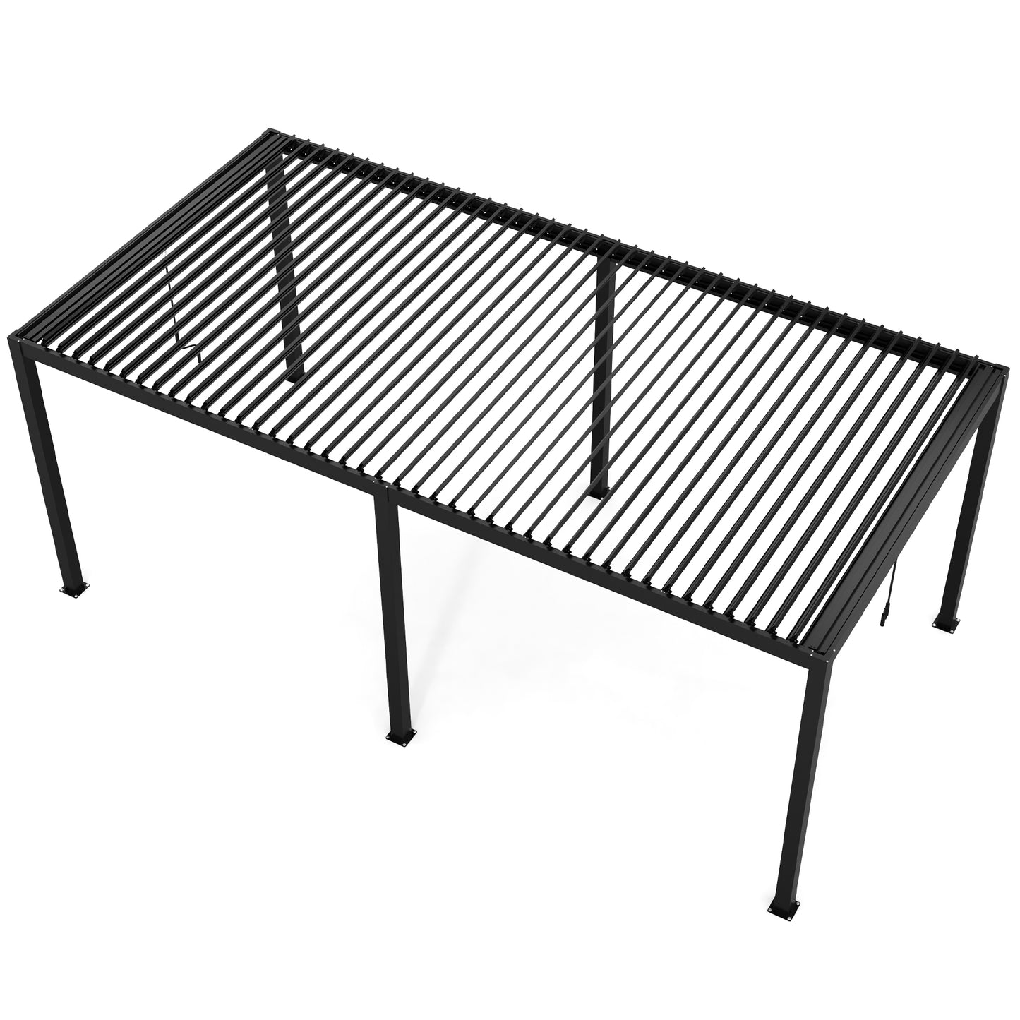 Black metal pergola with slatted roof for outdoor patio shade