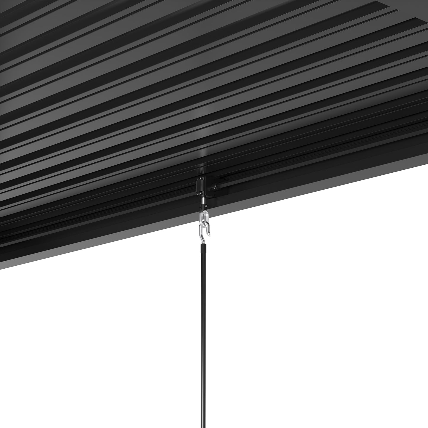 Black pergola slat ceiling detail with hanging hook and cord