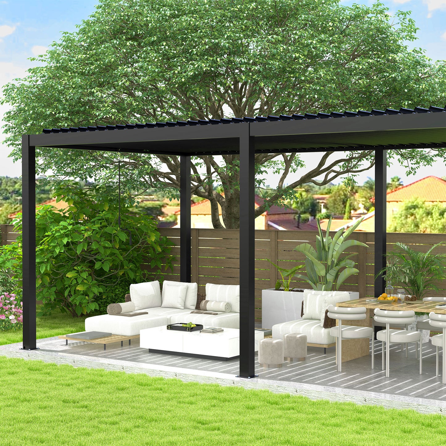 Modern black aluminum pergola with slatted roof providing shade for outdoor furniture