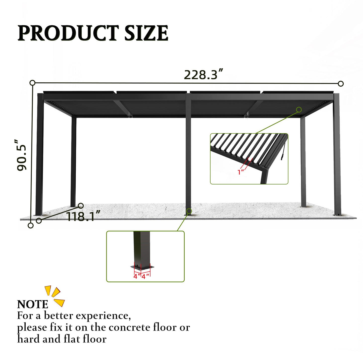 Black aluminum pergola with dimensions x x