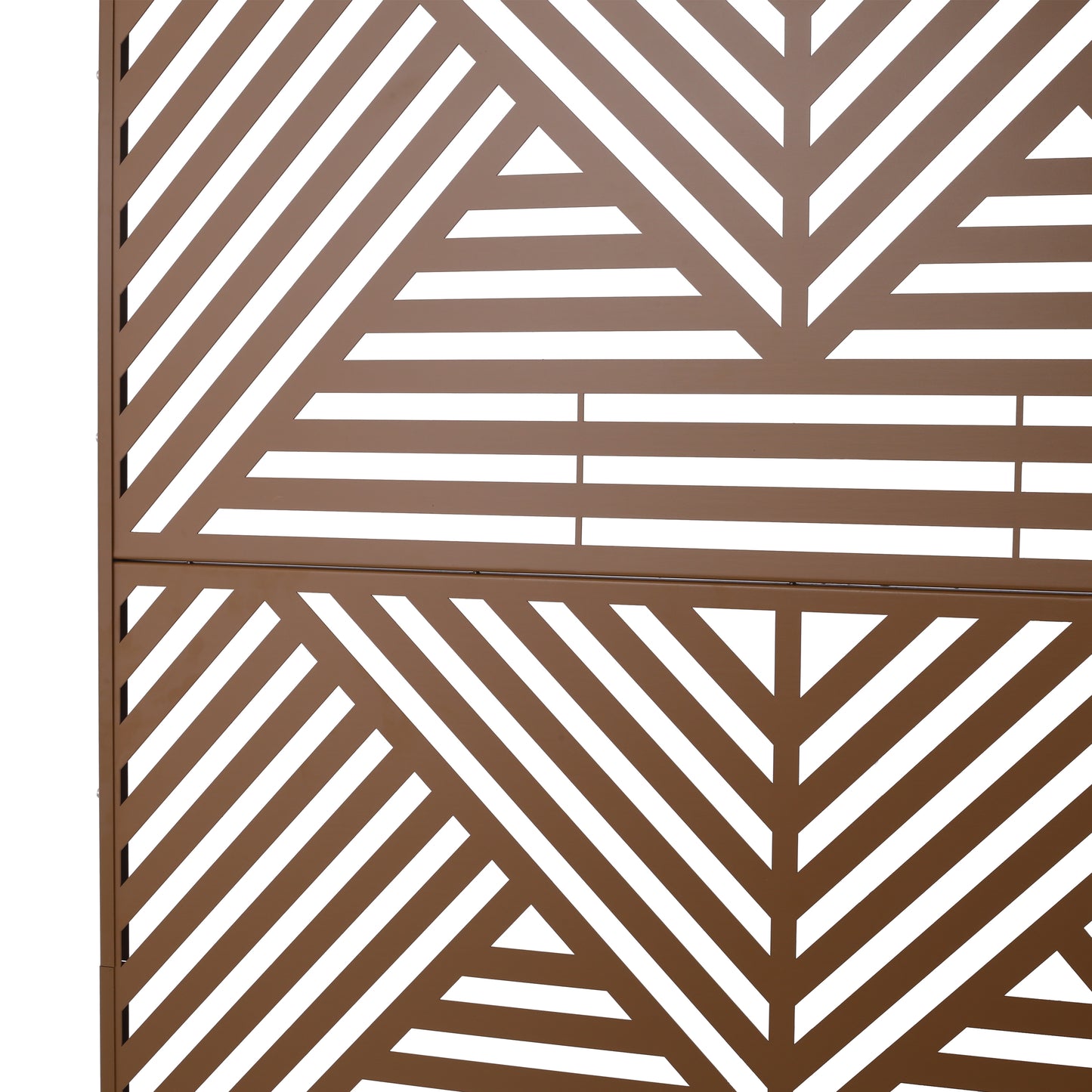 Bronze metal garden screen with geometric whitelined abstract pattern