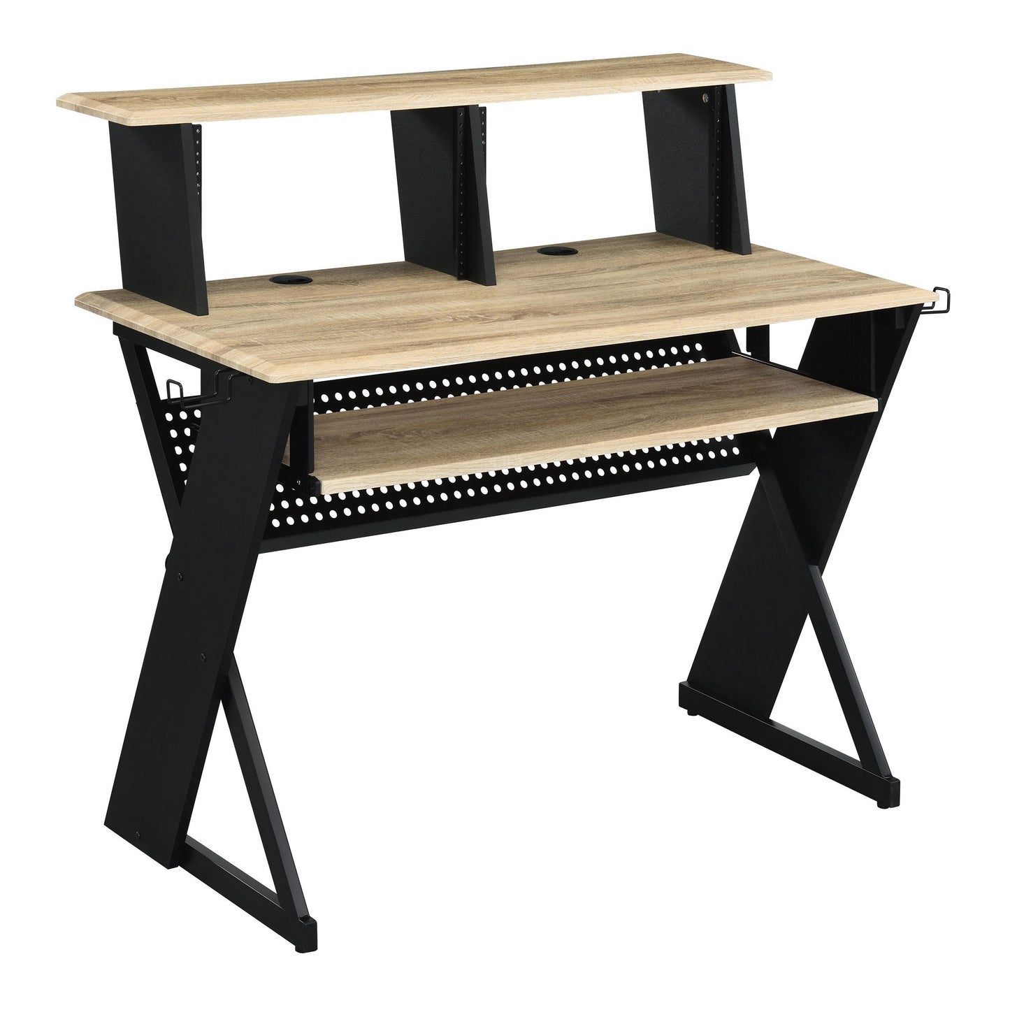 Ergonomic studio desk with a natural woodgrain top and black metal frame