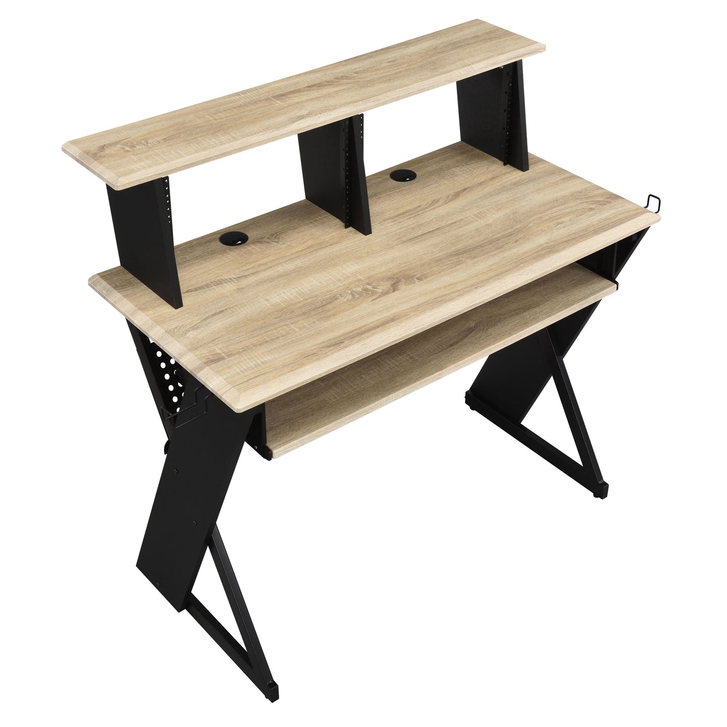Light oak wood studio desk with black metal frame and dual shelves for music production