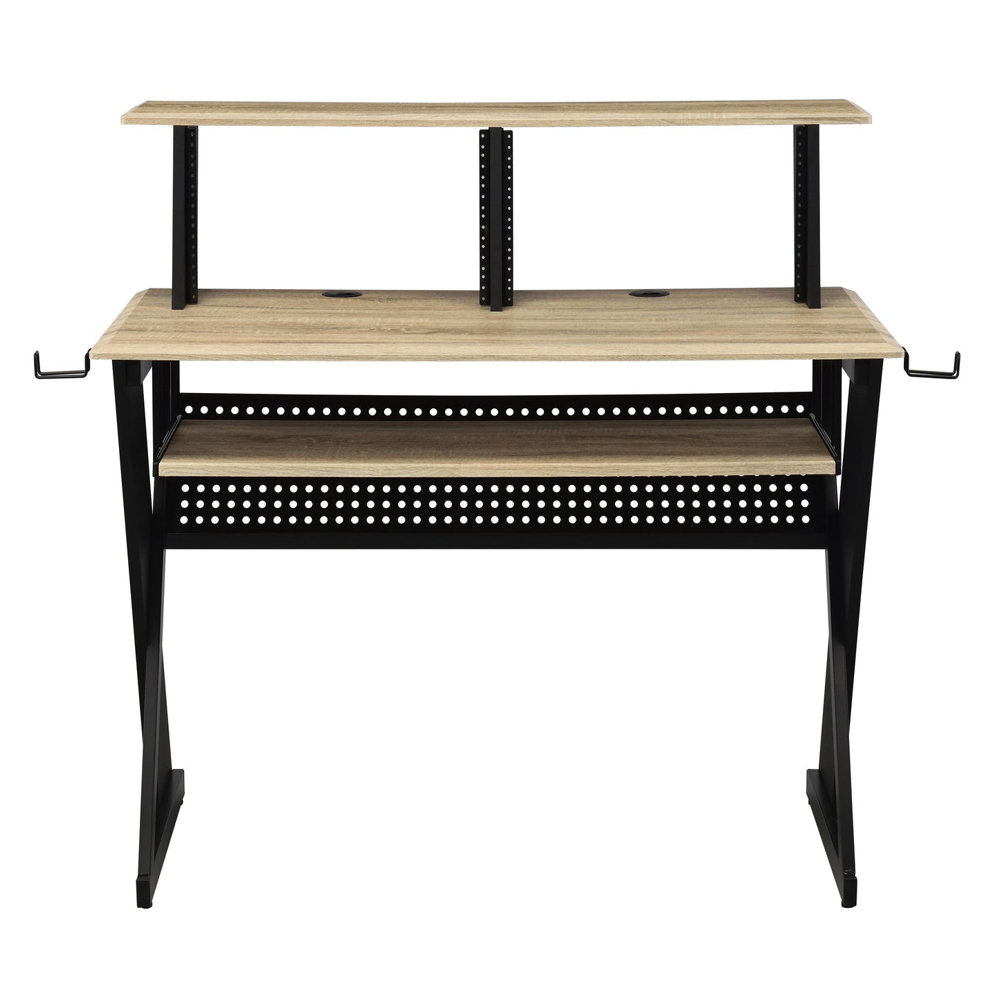 Wooden audio workstation desk with black metal frame and dual shelves