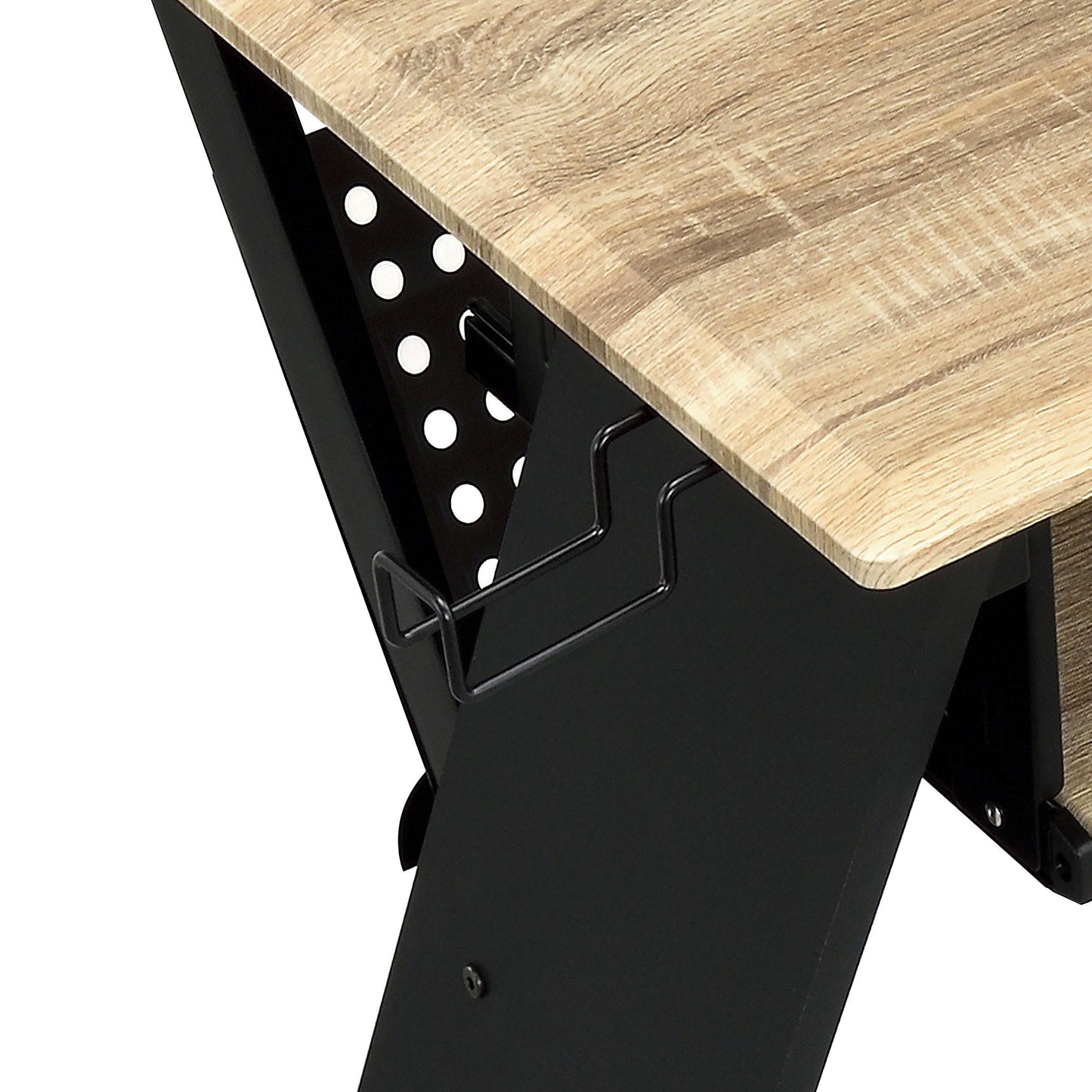 Light oak wood desktop with black metal frame and cable management hook