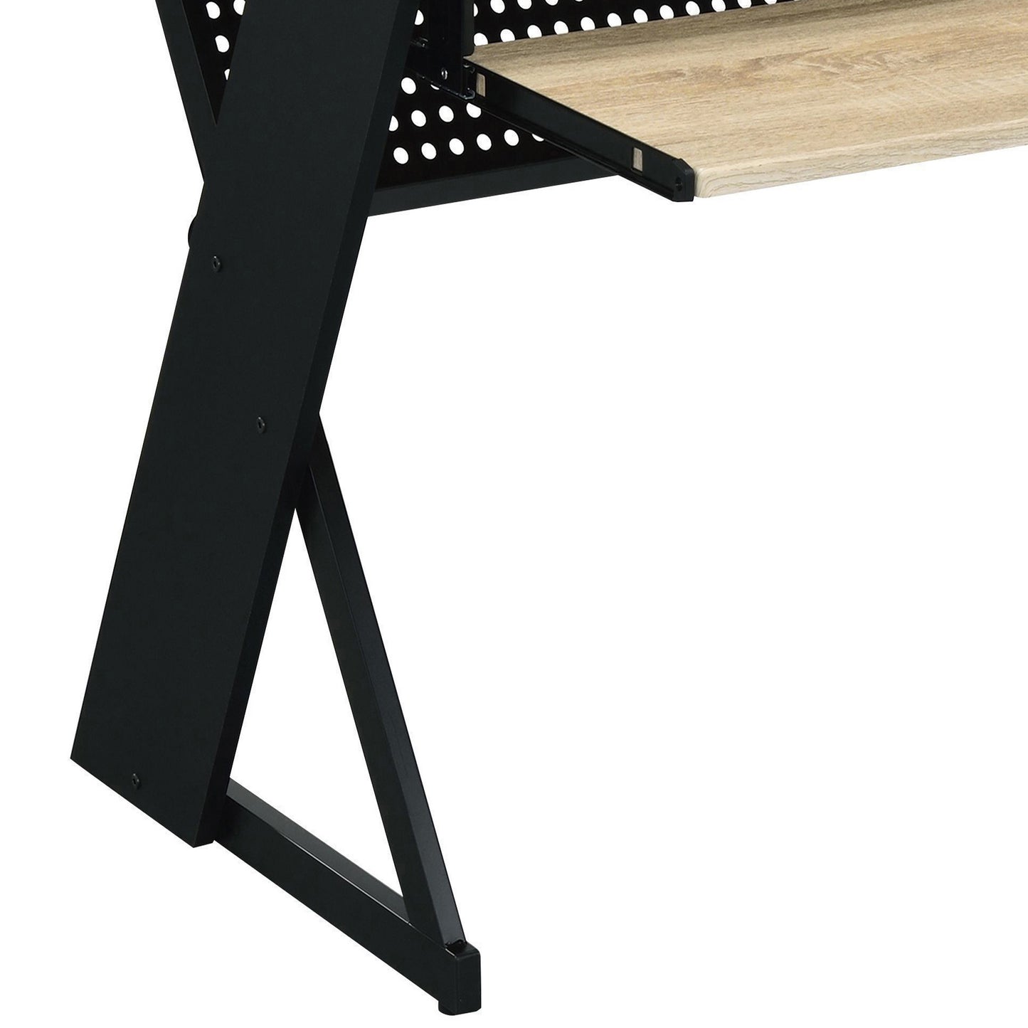 Black metal desk leg with faux wood desktop detail modern industrial design