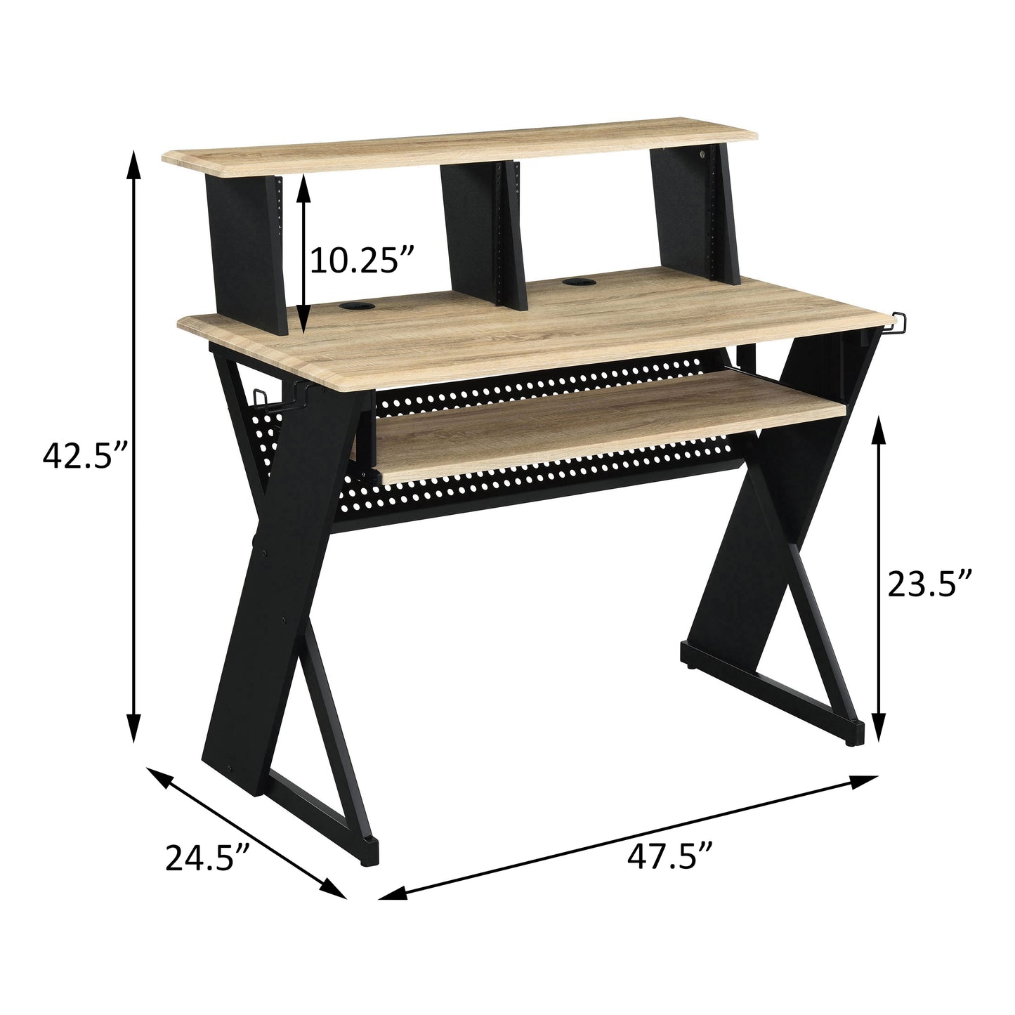 Compact media console with black metal frame and light oak wood finish wide