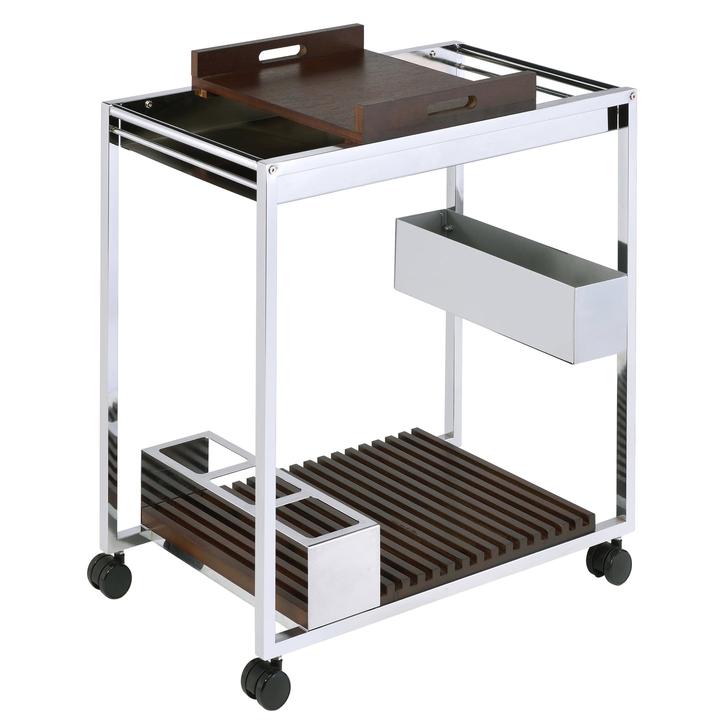 Chrome and dark wood bar cart with serving tray and wheels