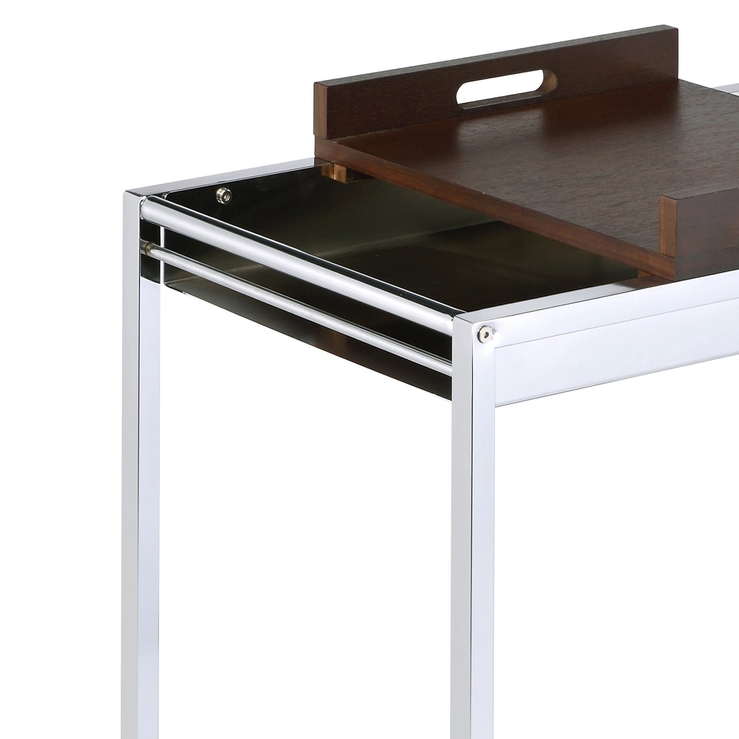 Modern chrome bar cart with a dark wood tray and integrated handles perfect for serving drinks