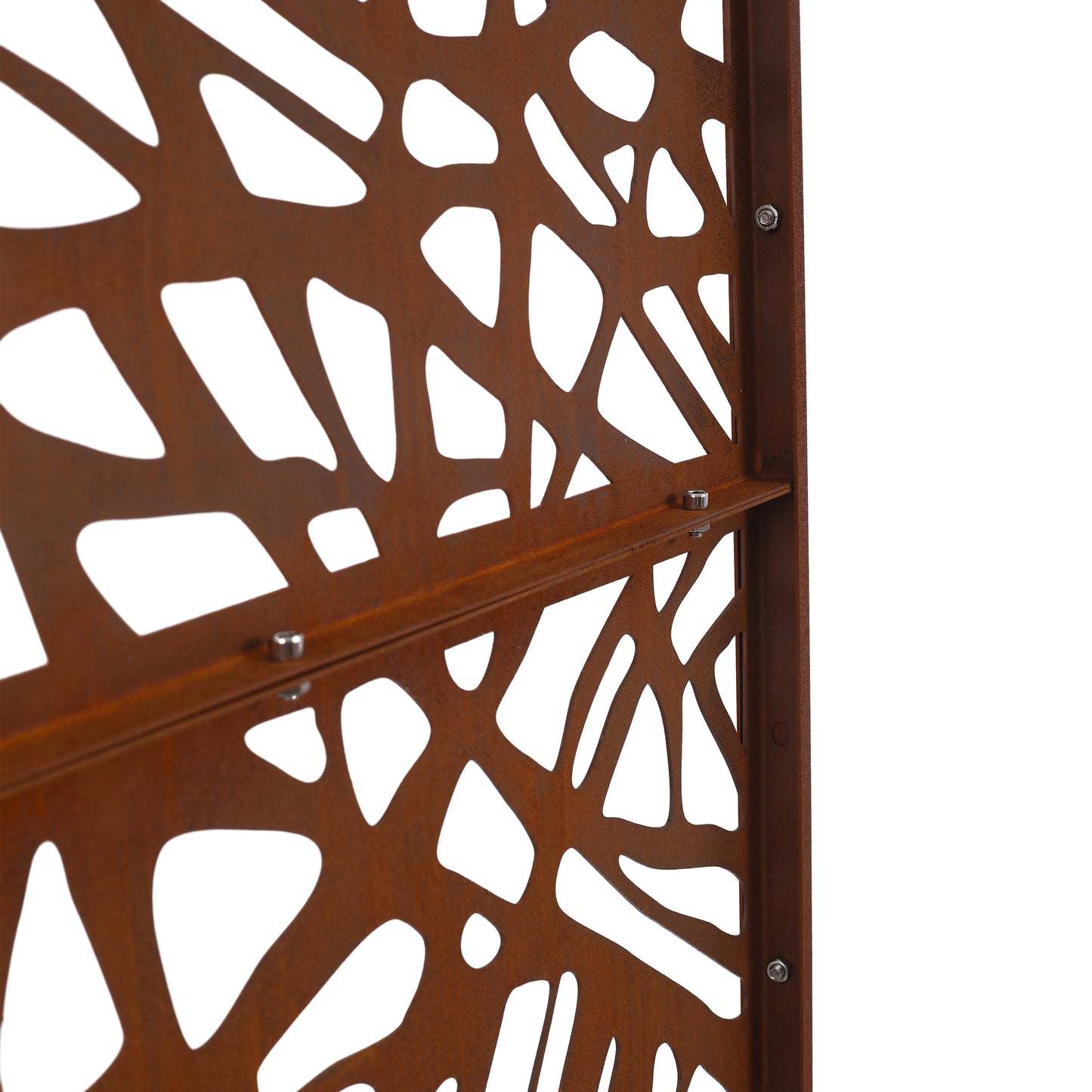 Rustic brown corten steel garden screen with organic cutout pattern