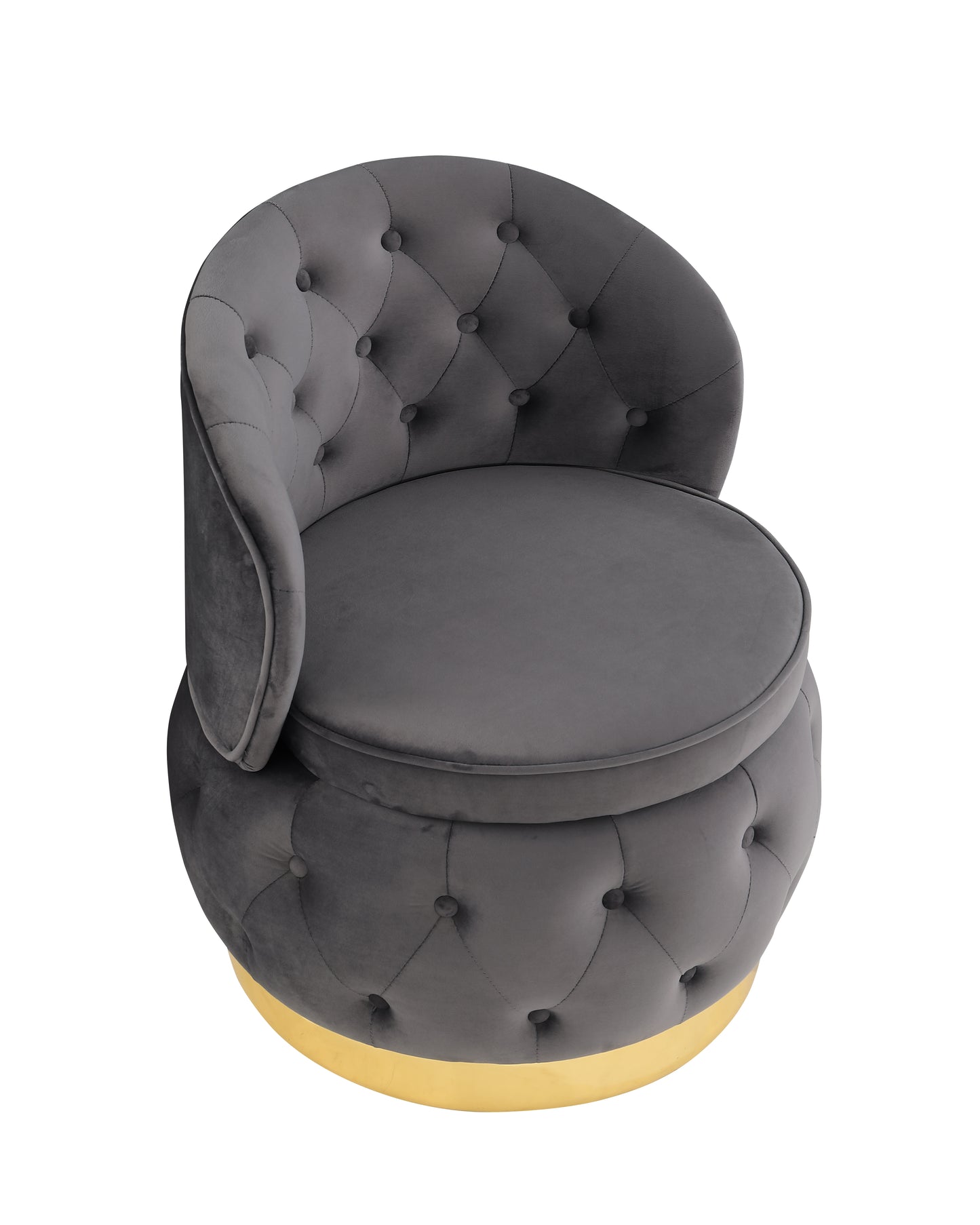 Gray velvet accent chair with tufted design and gold base