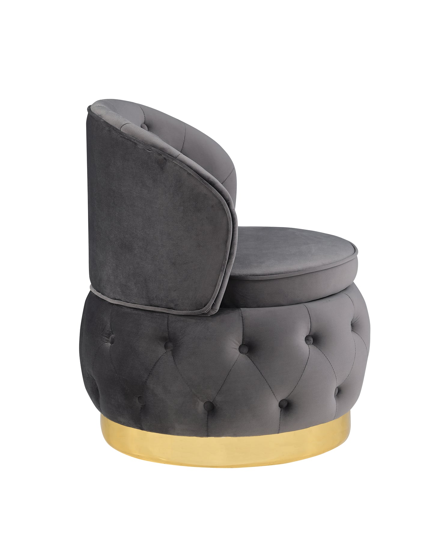 Grey velvet tufted accent chair with gold base