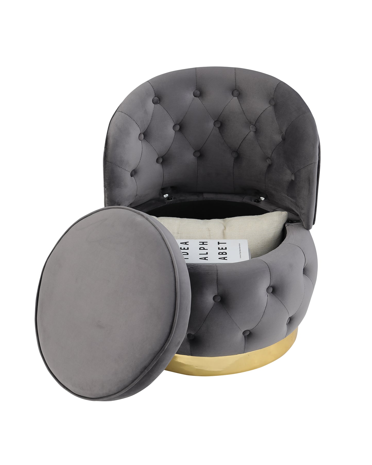 Tufted grey velvet storage ottoman with gold base perfect for a chic living room