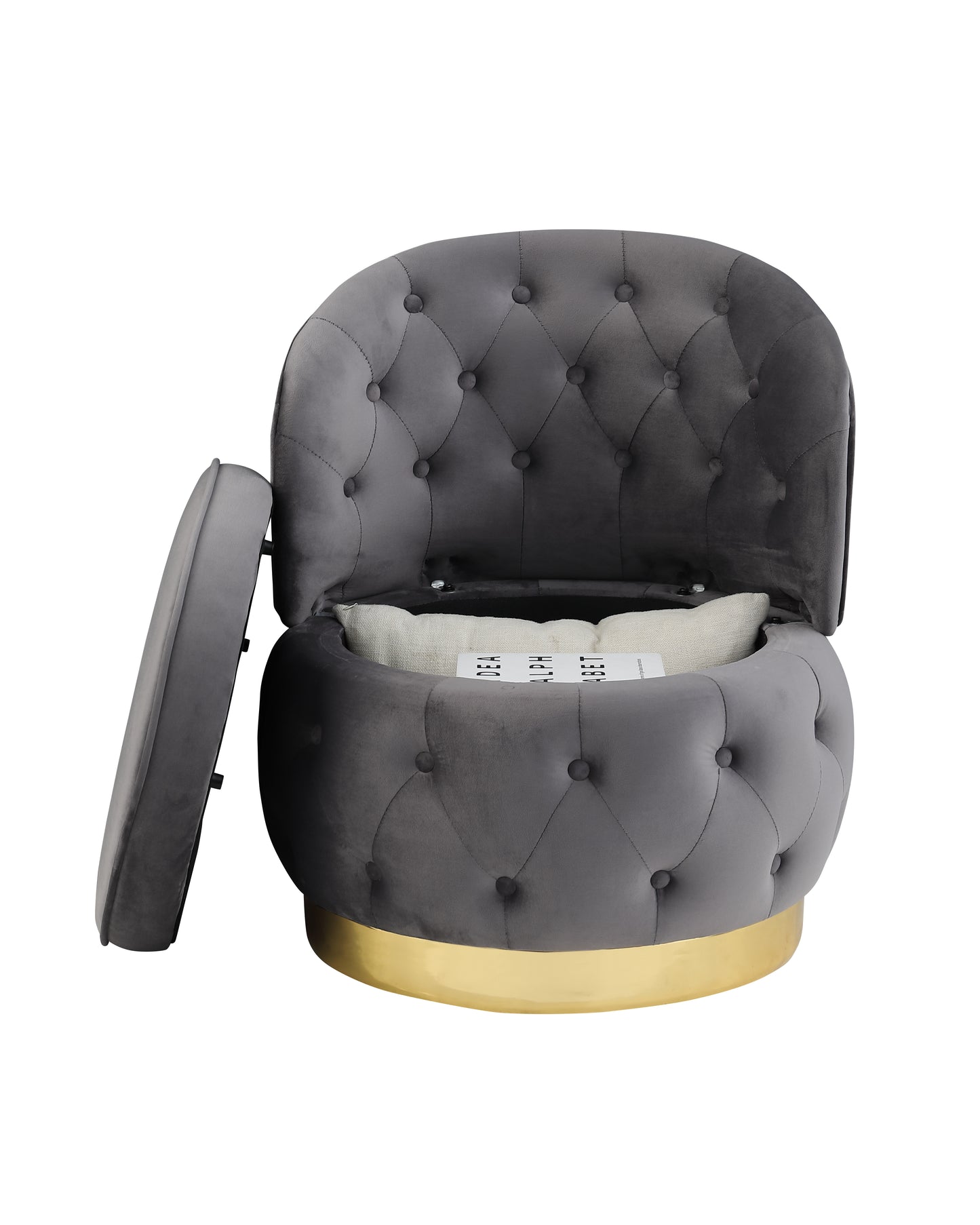 Tufted grey velvet storage ottoman with gold base and open lid revealing interior
