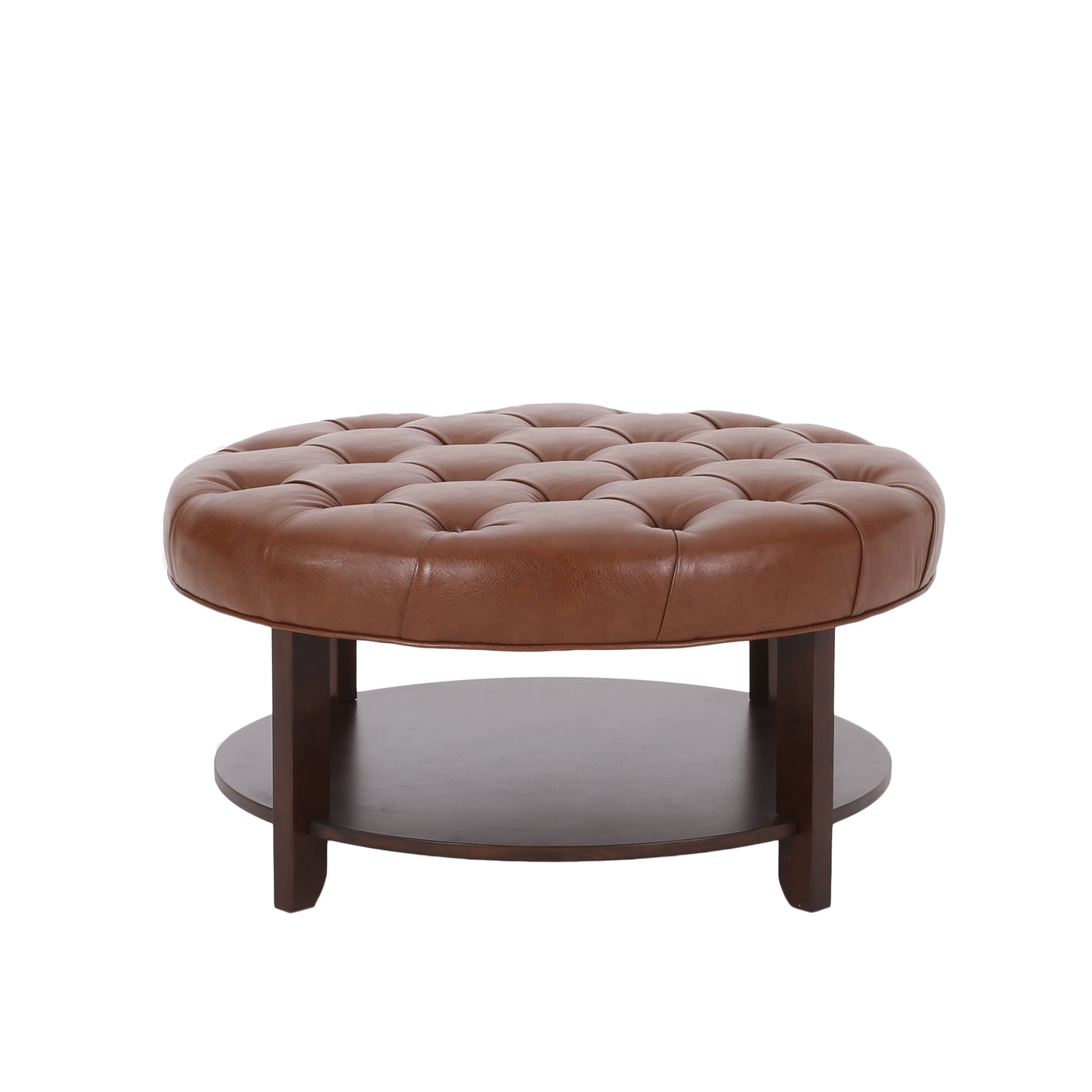 Round brown leather tufted ottoman with dark wood base