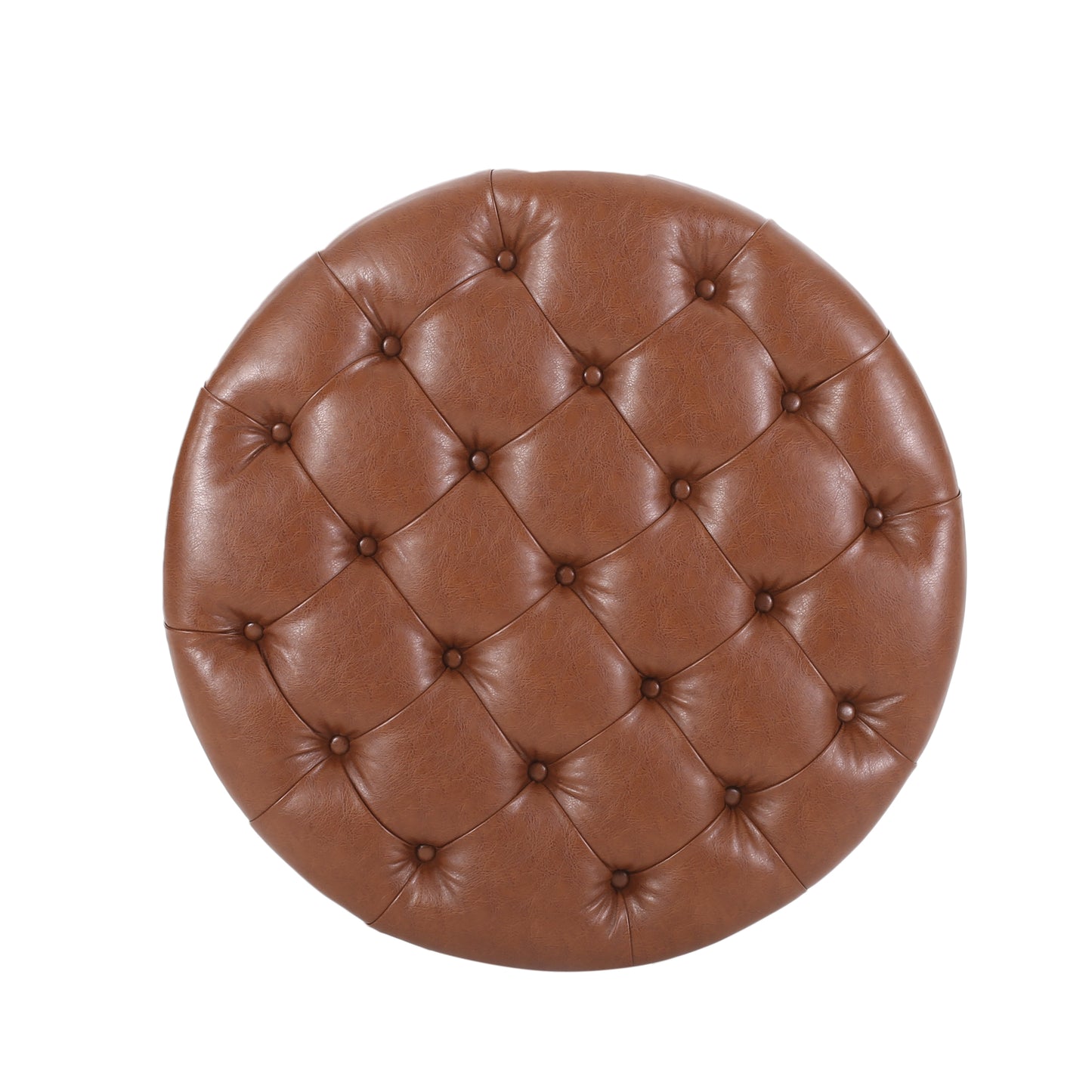 Brown tufted leather round ottoman with diamond button tufting