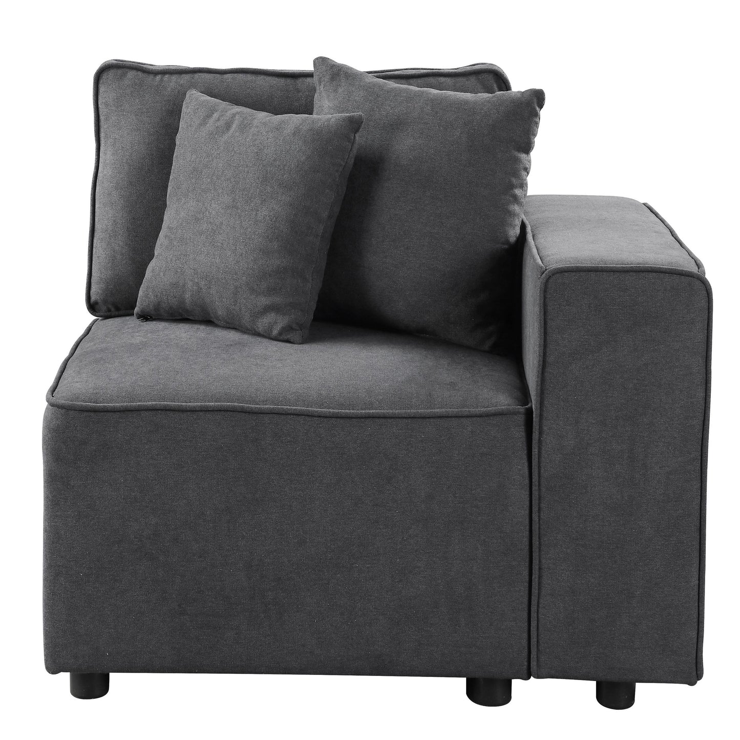 Dark grey fabric sectional sofa corner piece with lumbar and back pillows modern design