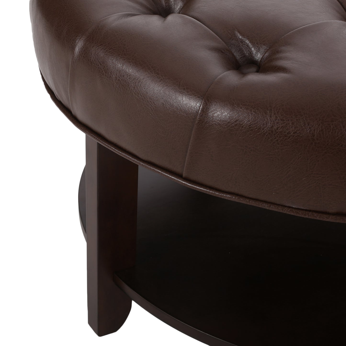 Brown faux leather tufted ottoman with dark wood base