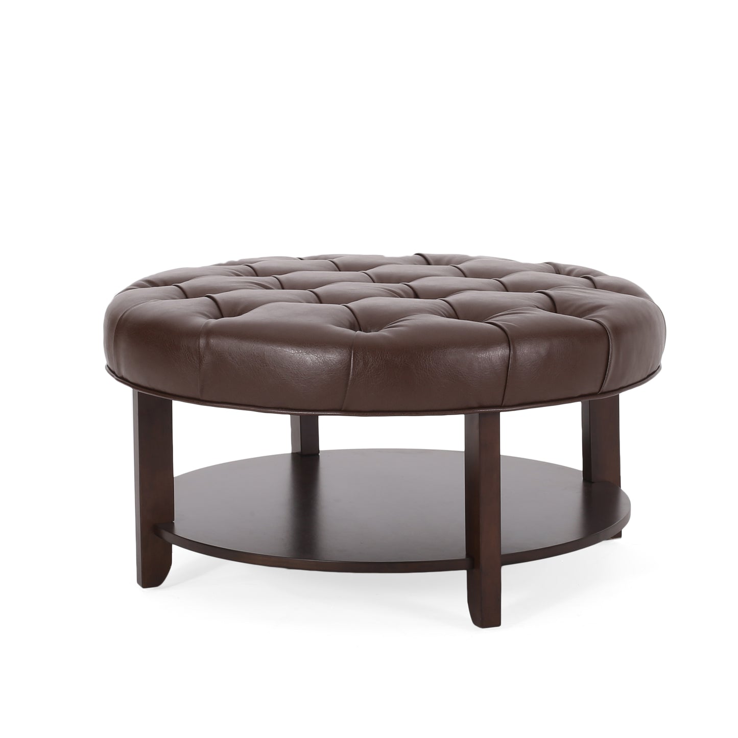 Tufted dark brown leather ottoman with a wooden base