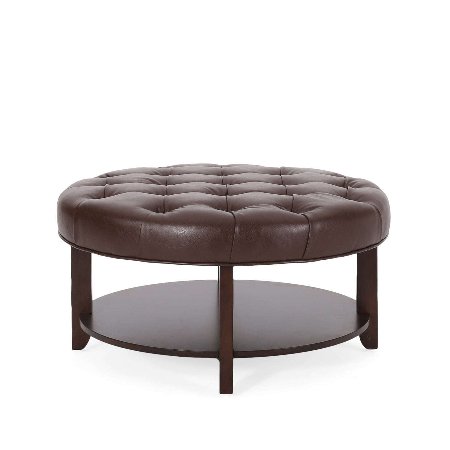 Brown tufted leather ottoman with a round dark wood shelf