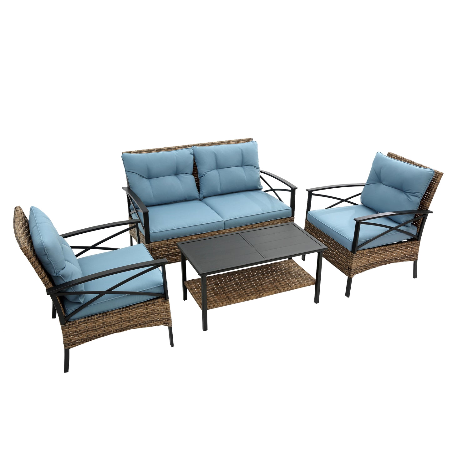 Brown wicker patio furniture set with light blue cushions including a loveseat two chairs and coffee table