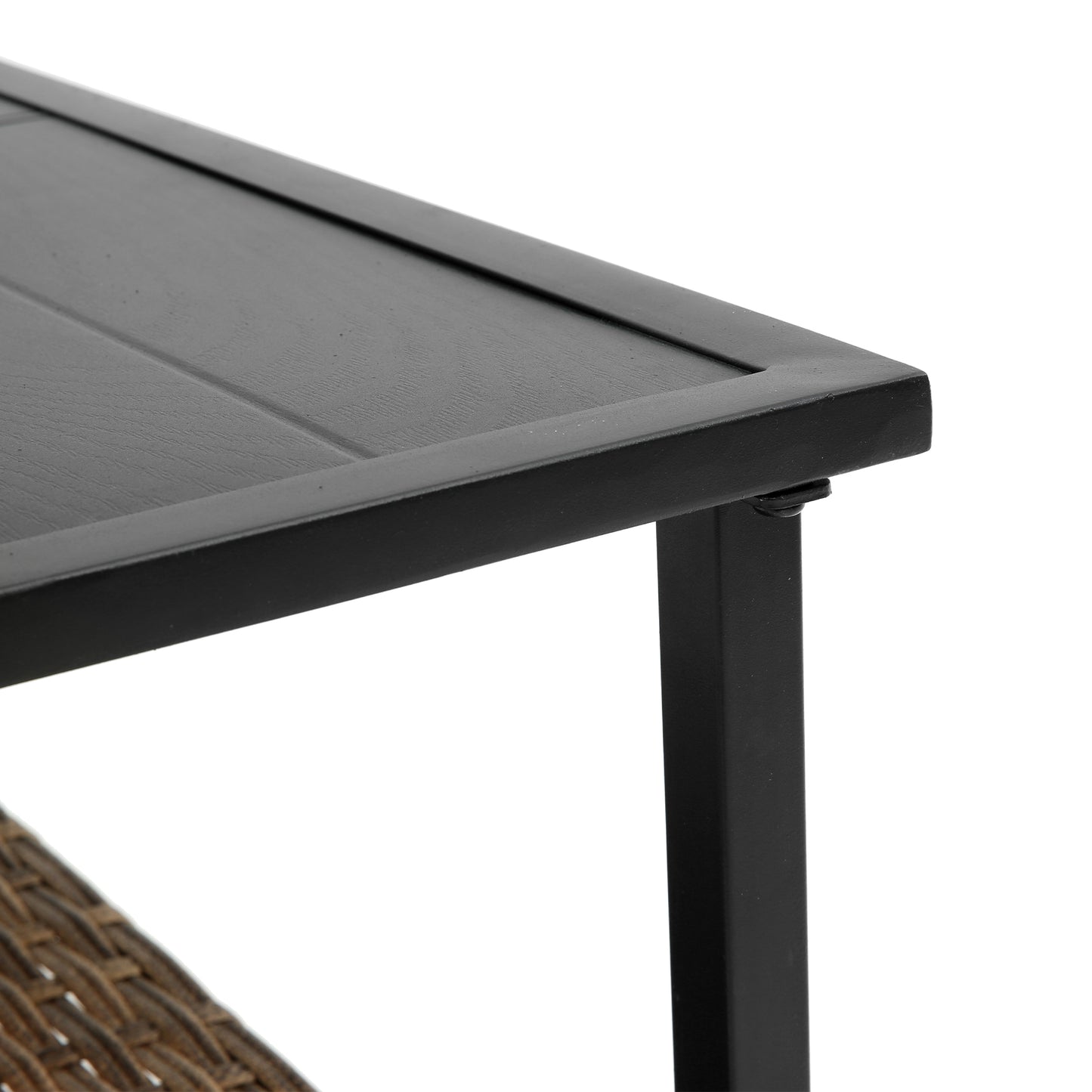 Black metal framed table with faux wood slats ideal for outdoor patio furniture