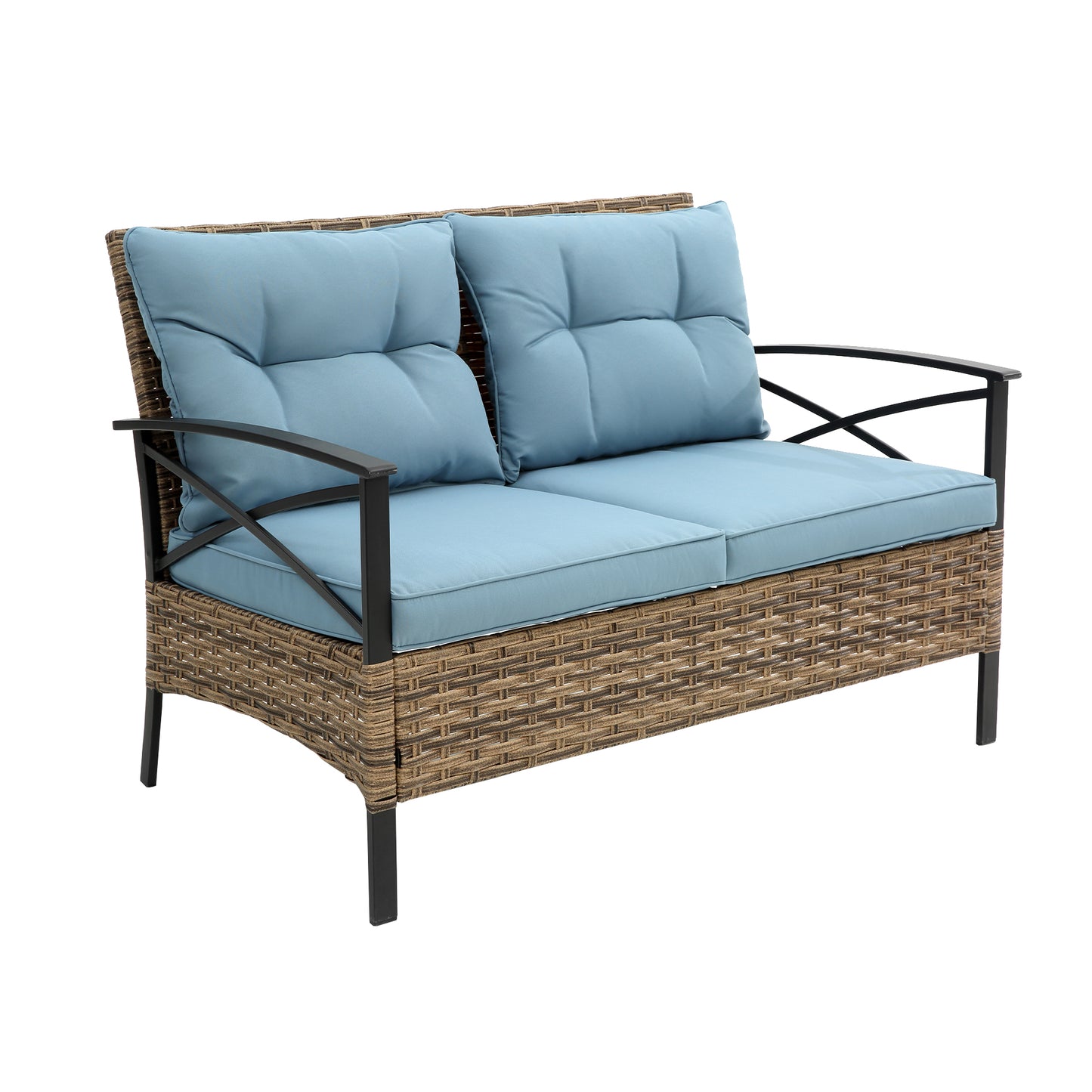 Wicker loveseat with sky blue cushions and black metal arms ideal for patio seating